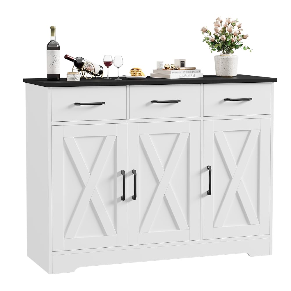 HOSTACK Modern Farmhouse Sideboard Buffet Cabinet, Barn Doors Buffet Storage Cabinet with Drawers and Shelves, Wood Coffee Bar with Storage for Kitchen, Dining Room, Living Room, White