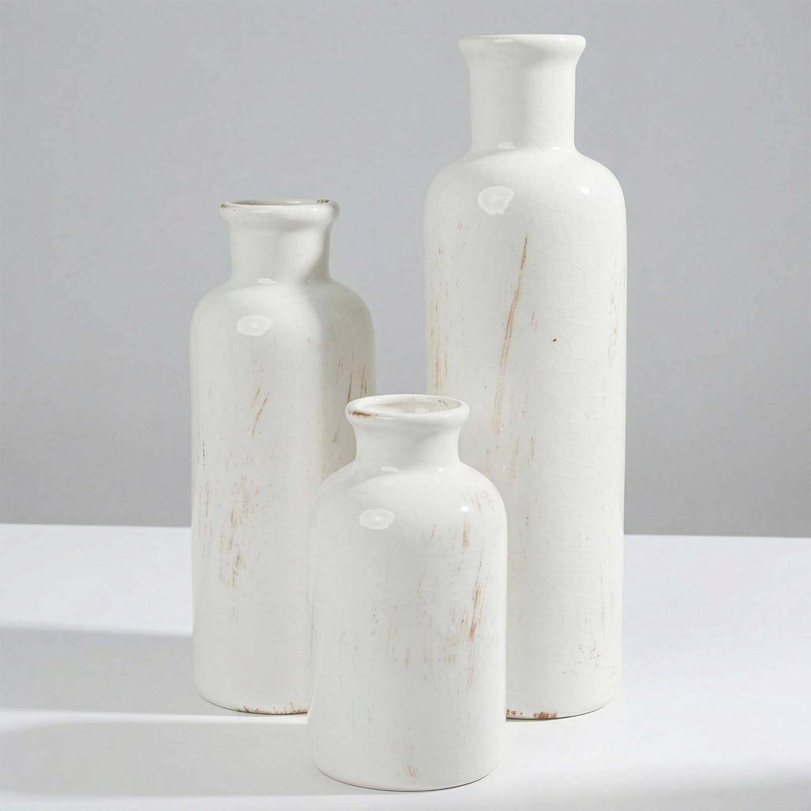 Ceramic Vase Set of 3, Vintage Ceramic Flower Vases, Crackle-Glaze & Distressed Rim, Blue Botanical Pattern, for Home Decor, Living Room Mantel & Dining Table Centerpiece