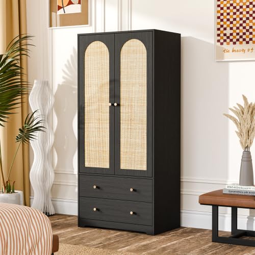 VINGLI Arched Wardrobe Closet Armoire with Drawer, 70" Tall Wooden Wardrobe Closet,Clothing Storage Cabinet, Large Capacity Storage, Natural Oak