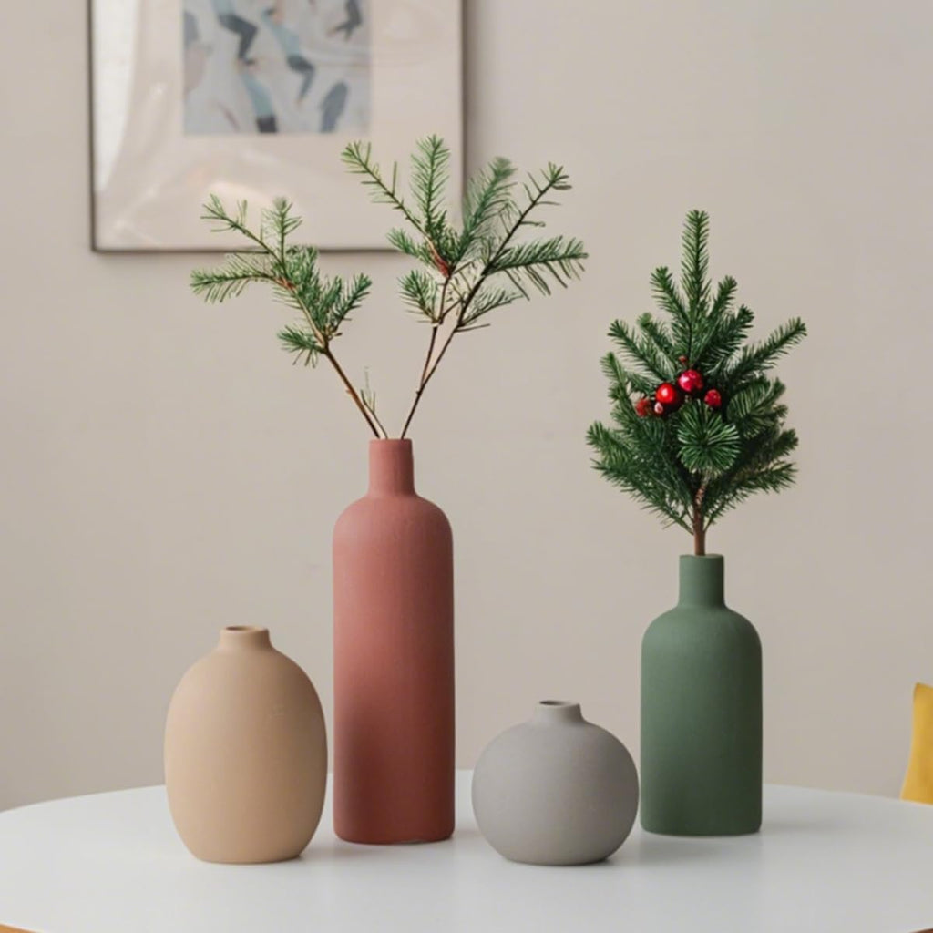 Modern Ceramic Vase Set, Neutral Colors, Decorative Vases for Home Decor, 4 Piece Collection (Green Mix Set 4)
