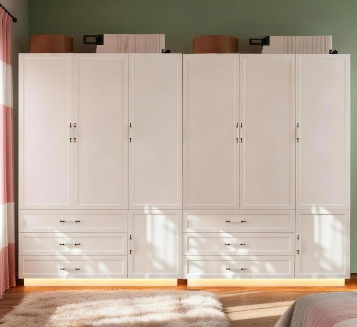 AXCITOC 72" Armoire Wardrobe Closet with 3 Door Wooden Bedroom Armoire with LED Light 3 Drawers Large Modern White Wardrobe Cabinet with Retro Ceramic Door Handles and Removable Hanging Rod