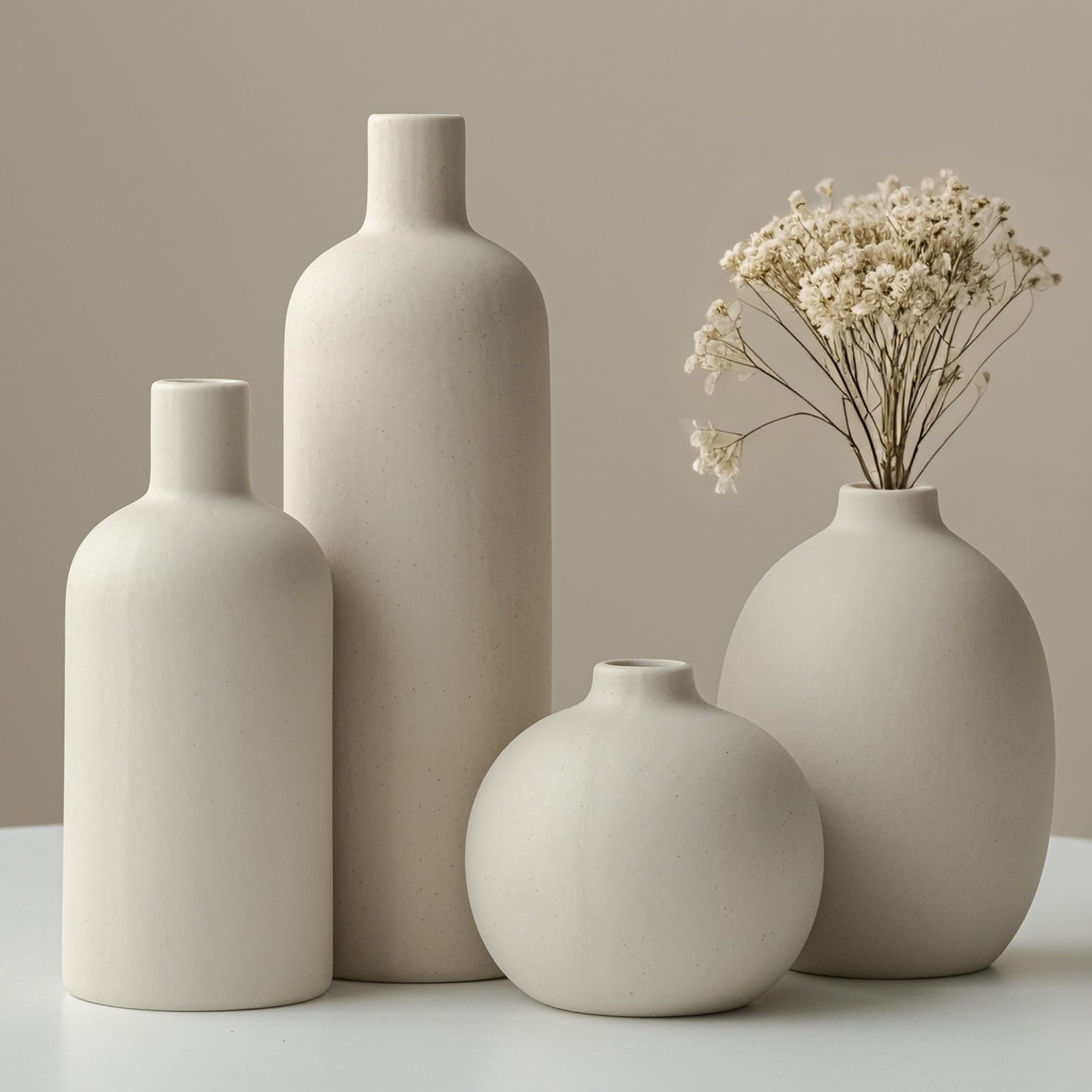 Modern Ceramic Vase Set, Neutral Colors, Decorative Vases for Home Decor, 4 Piece Collection (Green Mix Set 4)