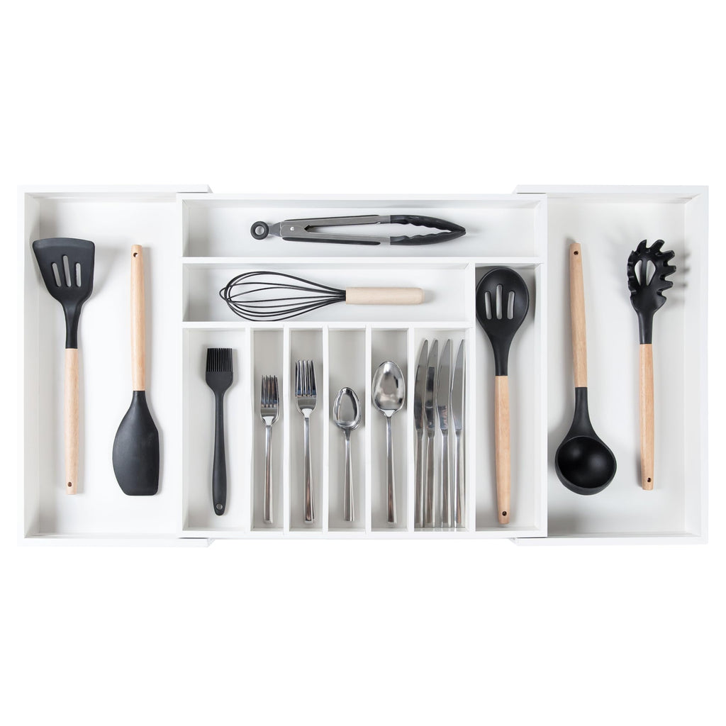 KitchenEdge Premium Silverware, Flatware and Utensil Organizer for Kitchen Drawers, Food-Safe Contract Grade, Expandable from 18 to 33 In, Natural Bamboo