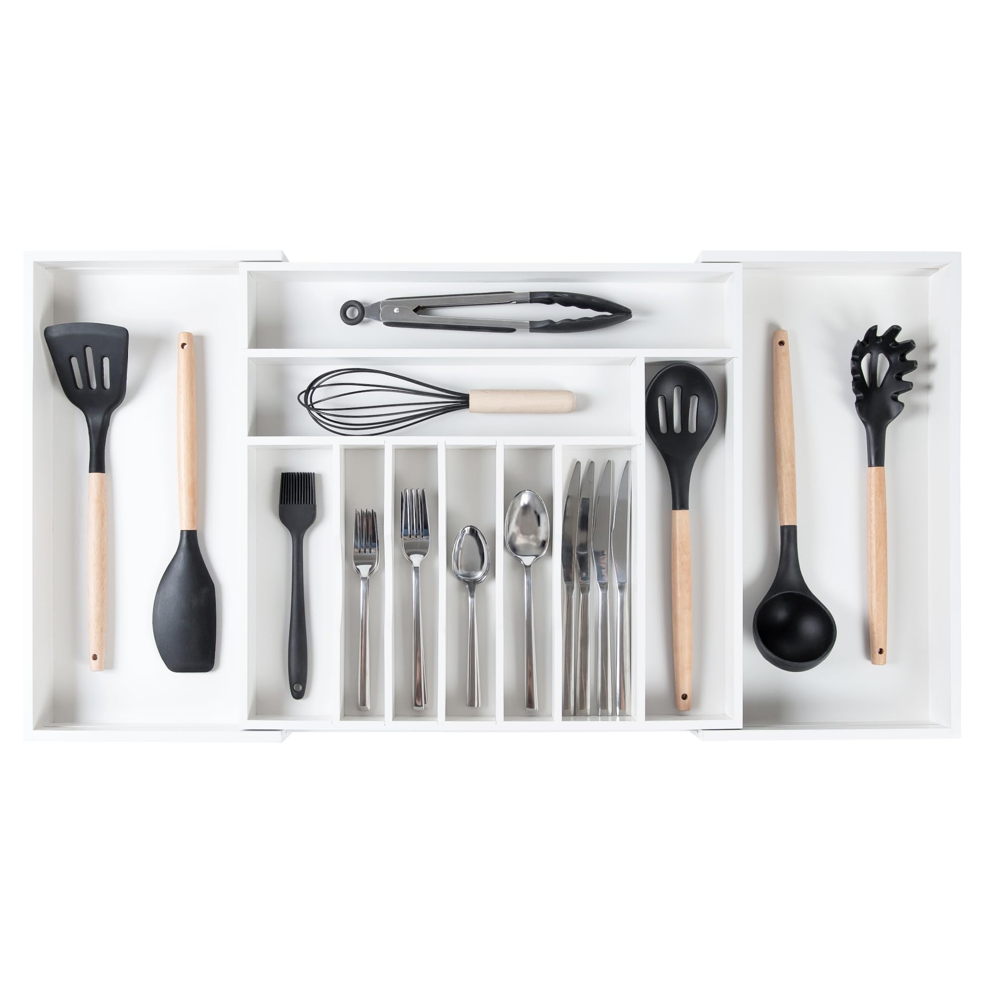 KitchenEdge Premium Silverware, Flatware and Utensil Organizer for Kitchen Drawers, Food-Safe Contract Grade, Expandable from 18 to 33 In, Natural Bamboo
