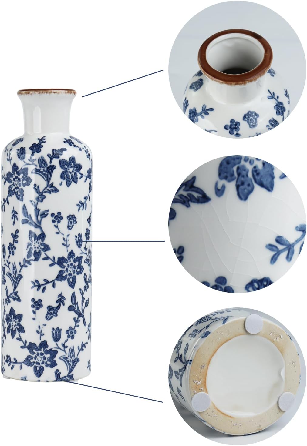 Ceramic Vase Set of 3, Vintage Ceramic Flower Vases, Crackle-Glaze & Distressed Rim, Blue Botanical Pattern, for Home Decor, Living Room Mantel & Dining Table Centerpiece