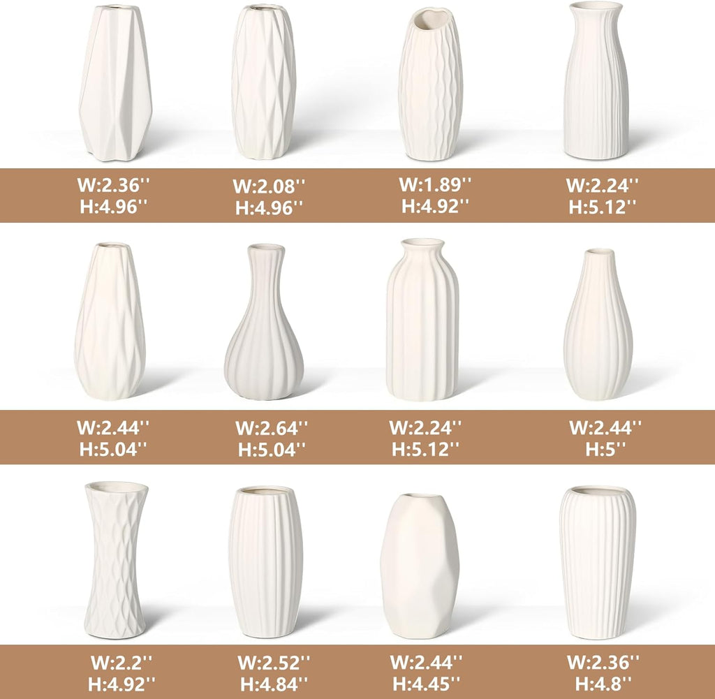 BEAHOT Ceramic Bud Vases Set of 12 - Matte Mini White Jars Bulk | Small White Ceramic Vases for Centerpieces, Wedding Floral Arrangements, DIY Crafts & Boho Table Decor (No Repeating Designs)