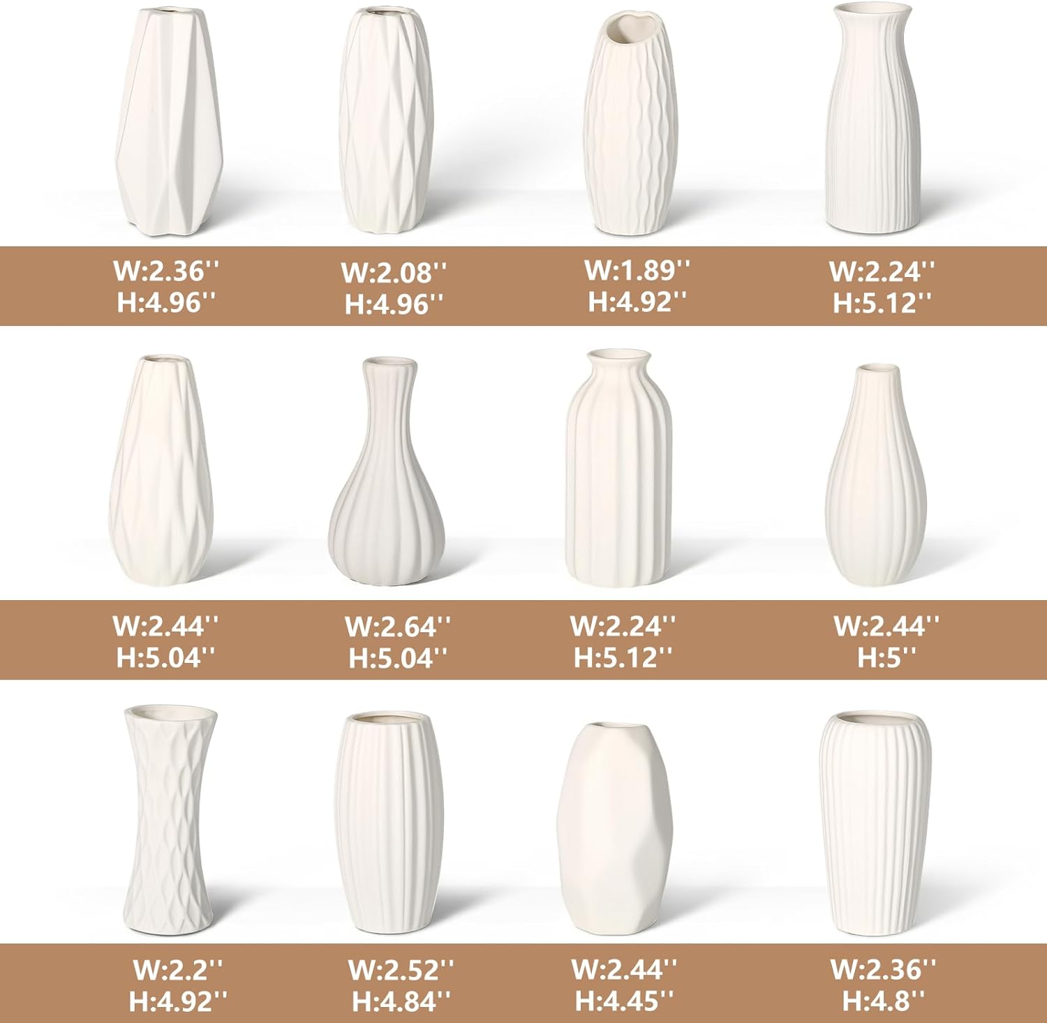 BEAHOT Ceramic Bud Vases Set of 12 - Matte Mini White Jars Bulk | Small White Ceramic Vases for Centerpieces, Wedding Floral Arrangements, DIY Crafts & Boho Table Decor (No Repeating Designs)