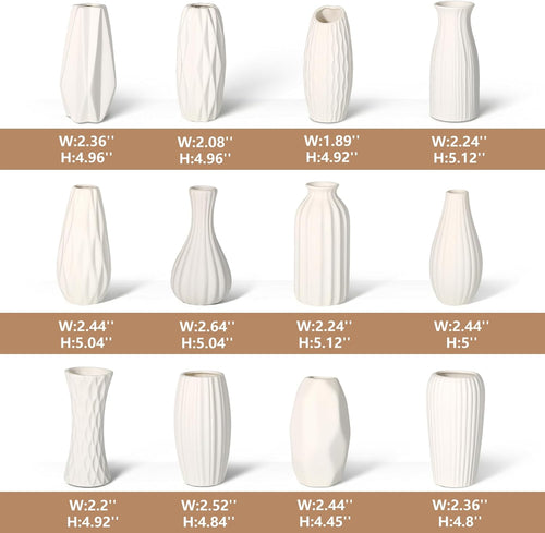 BEAHOT Ceramic Bud Vases Set of 12 - Matte Mini White Jars Bulk | Small White Ceramic Vases for Centerpieces, Wedding Floral Arrangements, DIY Crafts & Boho Table Decor (No Repeating Designs)