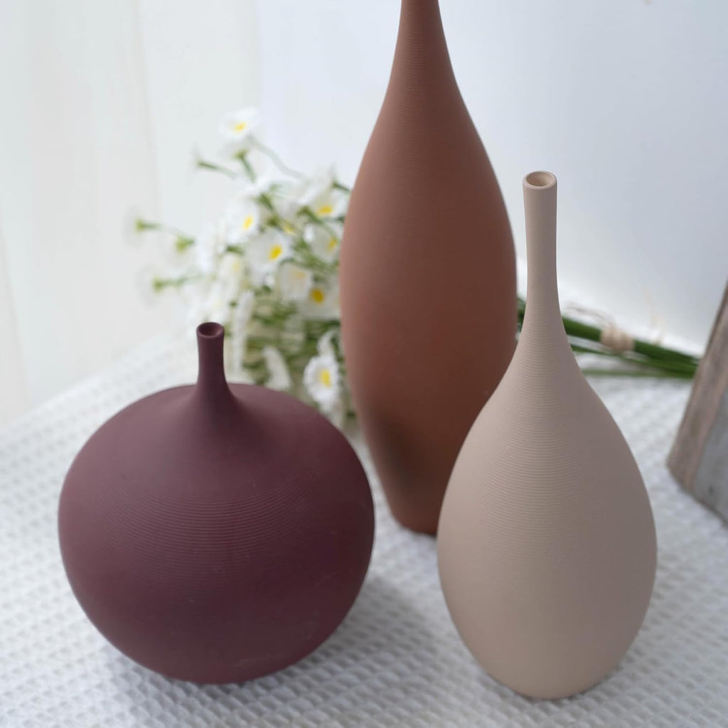 Relexome Ceramic Modern Vase Set of 3 Farmhouse Decorative Vase Minimalist Aesthetic Vases for Centerpieces Matte Ribbed Vases for Home Decor Table Entryway Living Room (Brown+Khaki+ Dark Red)