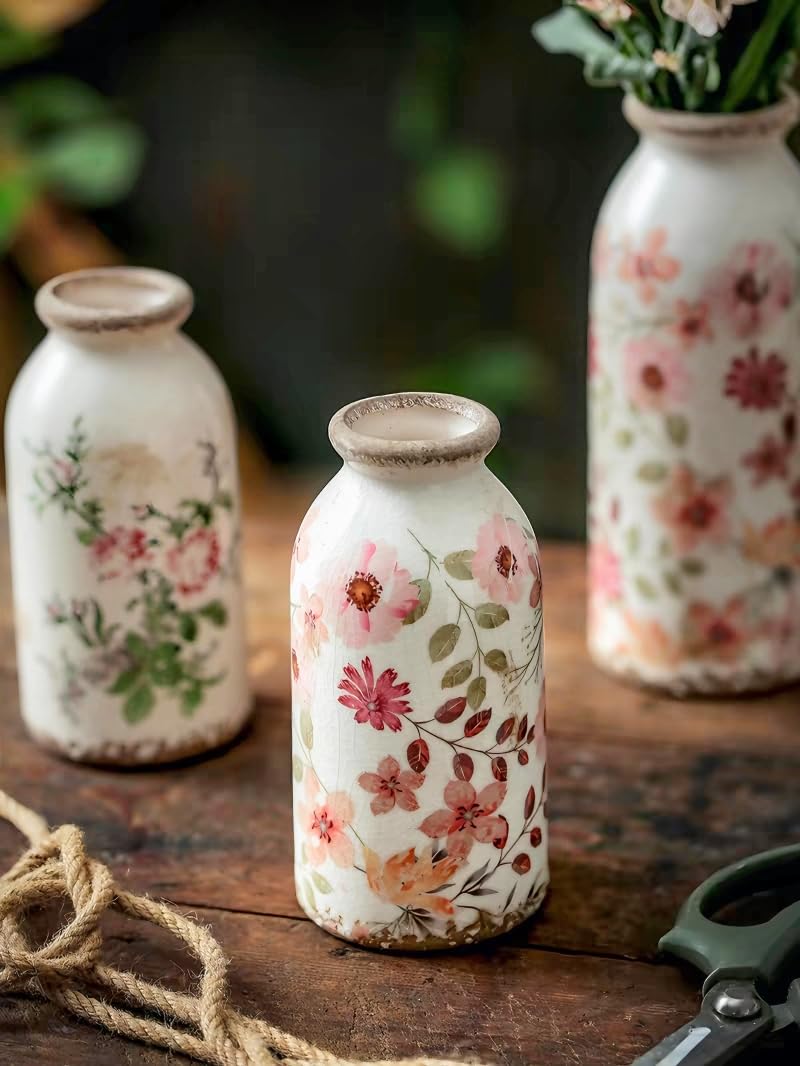 Vintage Vase Set of 3, Ceramic Vintage Flower Vases, Chinoiserie Decorative Home Decor Retro Floral Vase Rustic Farmhouse Decor for Table Bookshelf Mantel Kitchen Living Room Office - Colorful Daisy