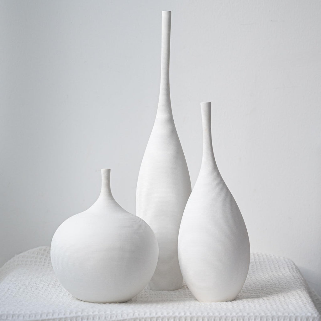Relexome Ceramic Modern Vase Set of 3 Farmhouse Decorative Vase Minimalist Aesthetic Vases for Centerpieces Matte Ribbed Vases for Home Decor Table Entryway Living Room (Brown+Khaki+ Dark Red)