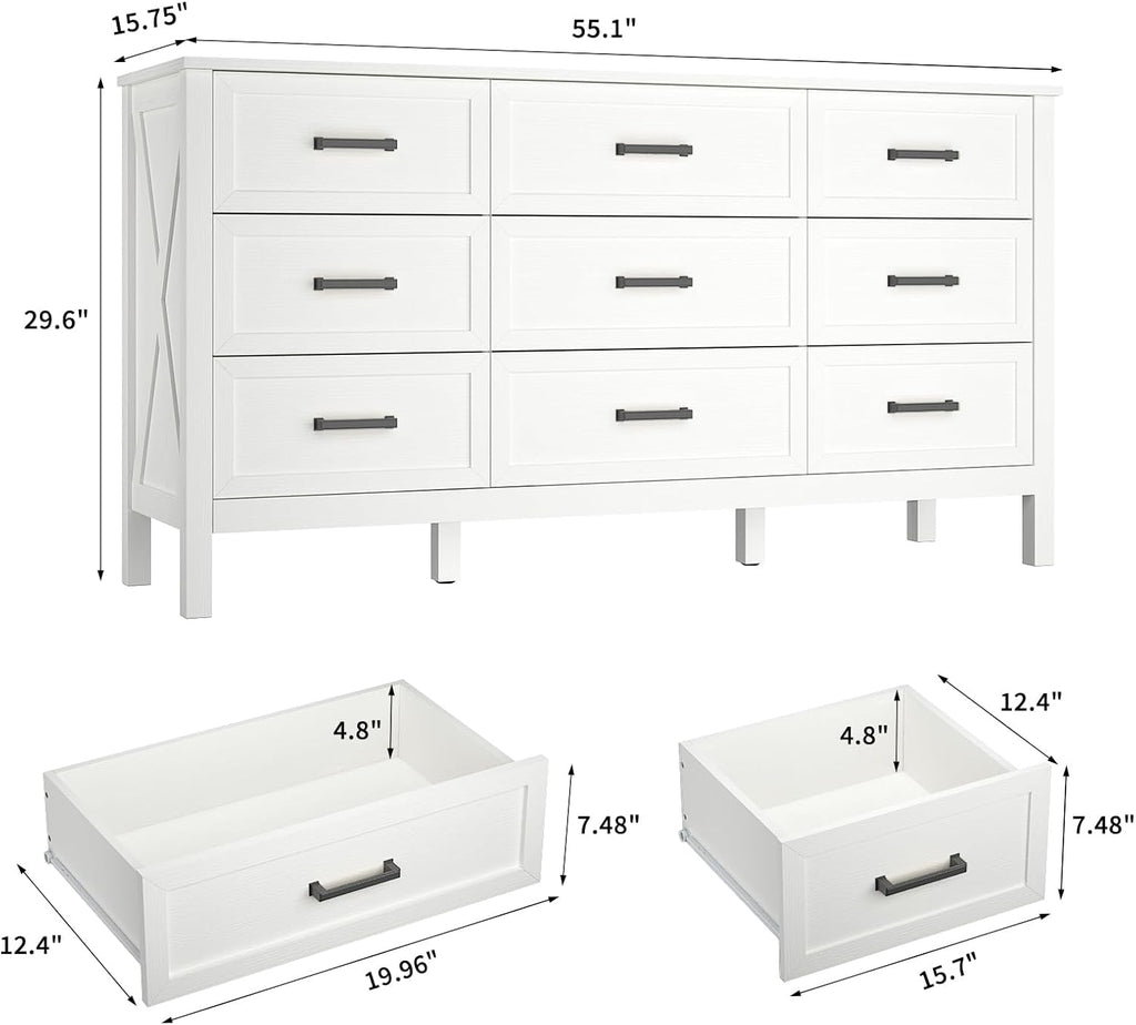 Farmhouse White 9 Drawers Dresser for Bedroom, Wood Rustic Wide Dressers with Metal Handles, Wood Chest for Bedroom, Hallway, Entryway