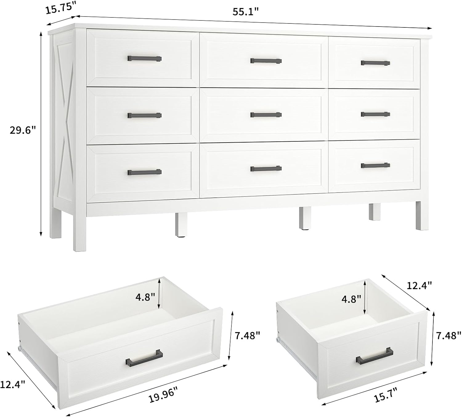 Farmhouse White 9 Drawers Dresser for Bedroom, Wood Rustic Wide Dressers with Metal Handles, Wood Chest for Bedroom, Hallway, Entryway