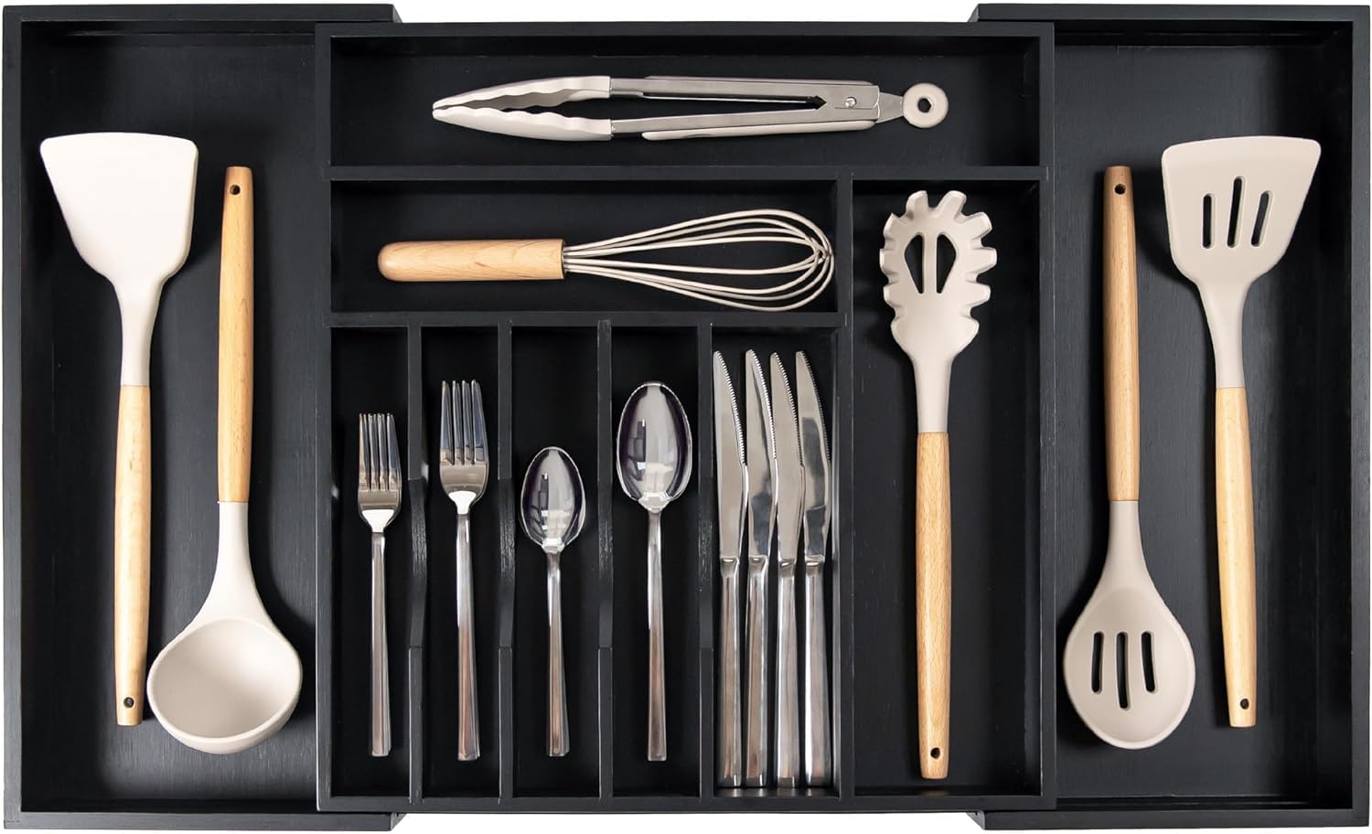KitchenEdge Premium Silverware, Flatware and Utensil Organizer for Kitchen Drawers, Food-Safe Contract Grade, Expandable from 18 to 33 In, Natural Bamboo