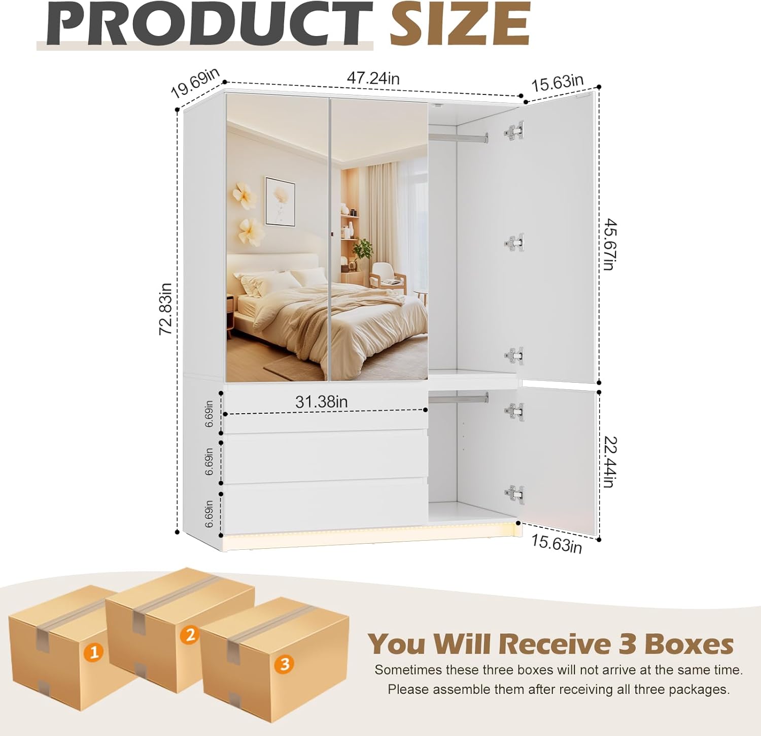 3-Door Mirrored Wooden Armoire Wardrobe with Lights, Drawers, Hanging Rod & Shelves