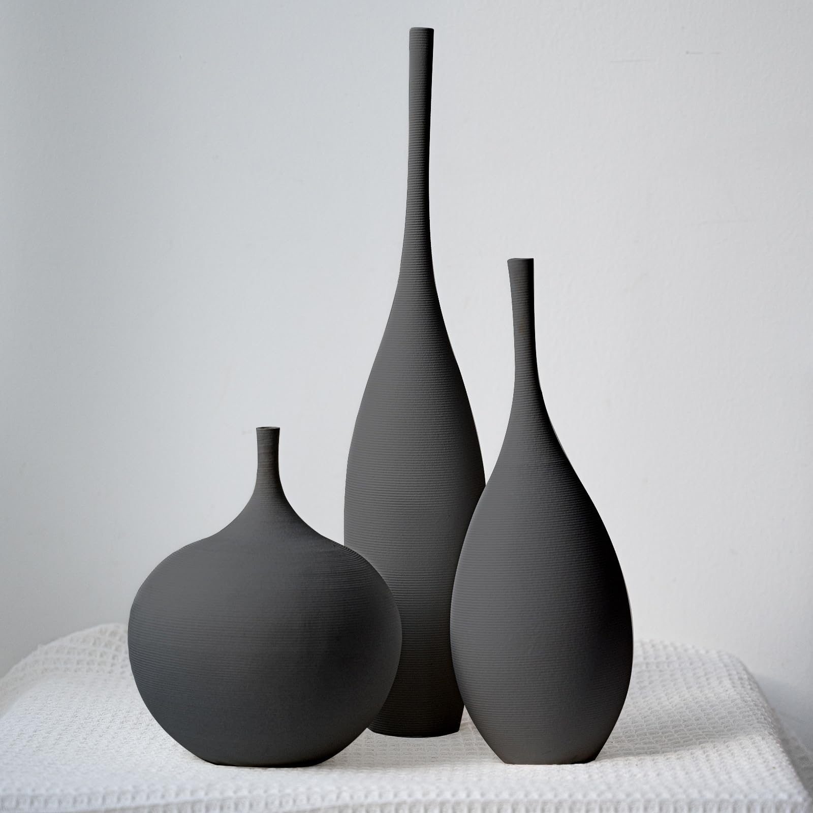 Relexome Ceramic Modern Vase Set of 3 Farmhouse Decorative Vase Minimalist Aesthetic Vases for Centerpieces Matte Ribbed Vases for Home Decor Table Entryway Living Room (Brown+Khaki+ Dark Red)