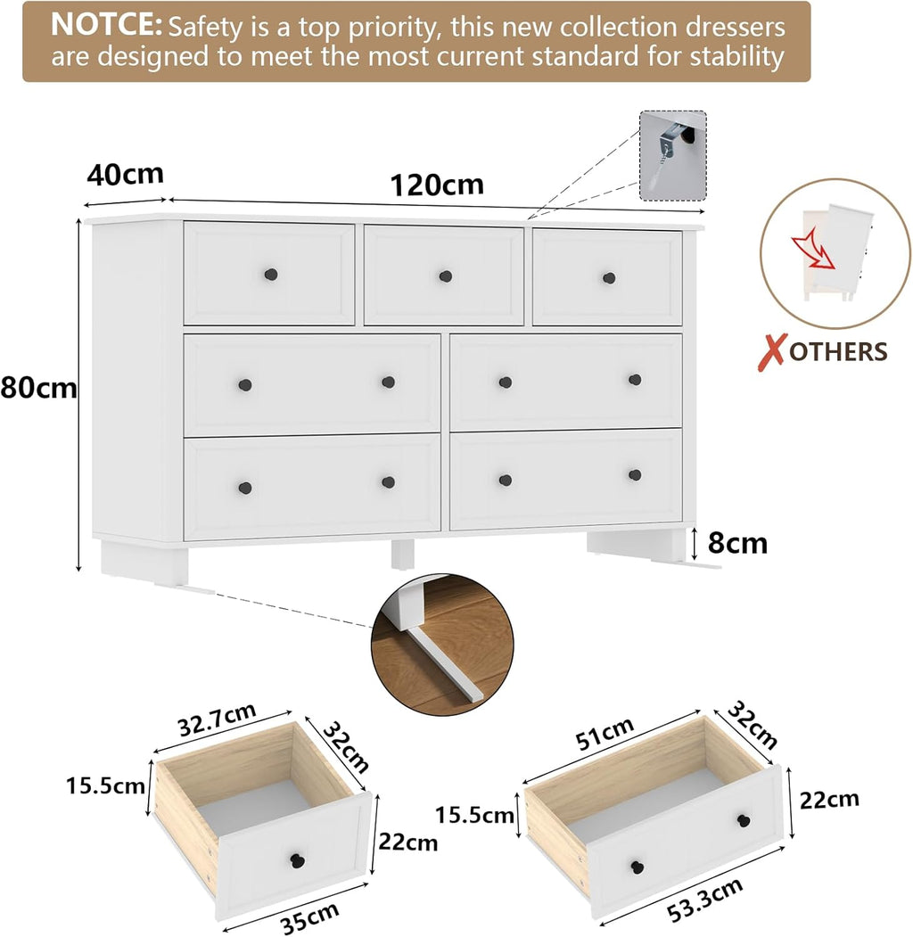 Farmhouse 7 Drawers Dresser for Bedroom, White Dresser Chest of Drawers, Wood Storage Dressers with Deep Drawers and Metal Handle, Wide Modern Dressers & TV Stand for Living Room, Closet, Hallway