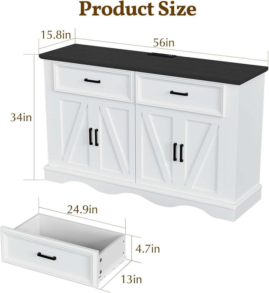 56" Modern Farmhouse Sideboard Buffet Cabinet with 4 Doors and 2 Drawers, Kitchen Storage Cabinet with Adjustable Shelves, Coffee Bar with Charging Station for Living Room, White
