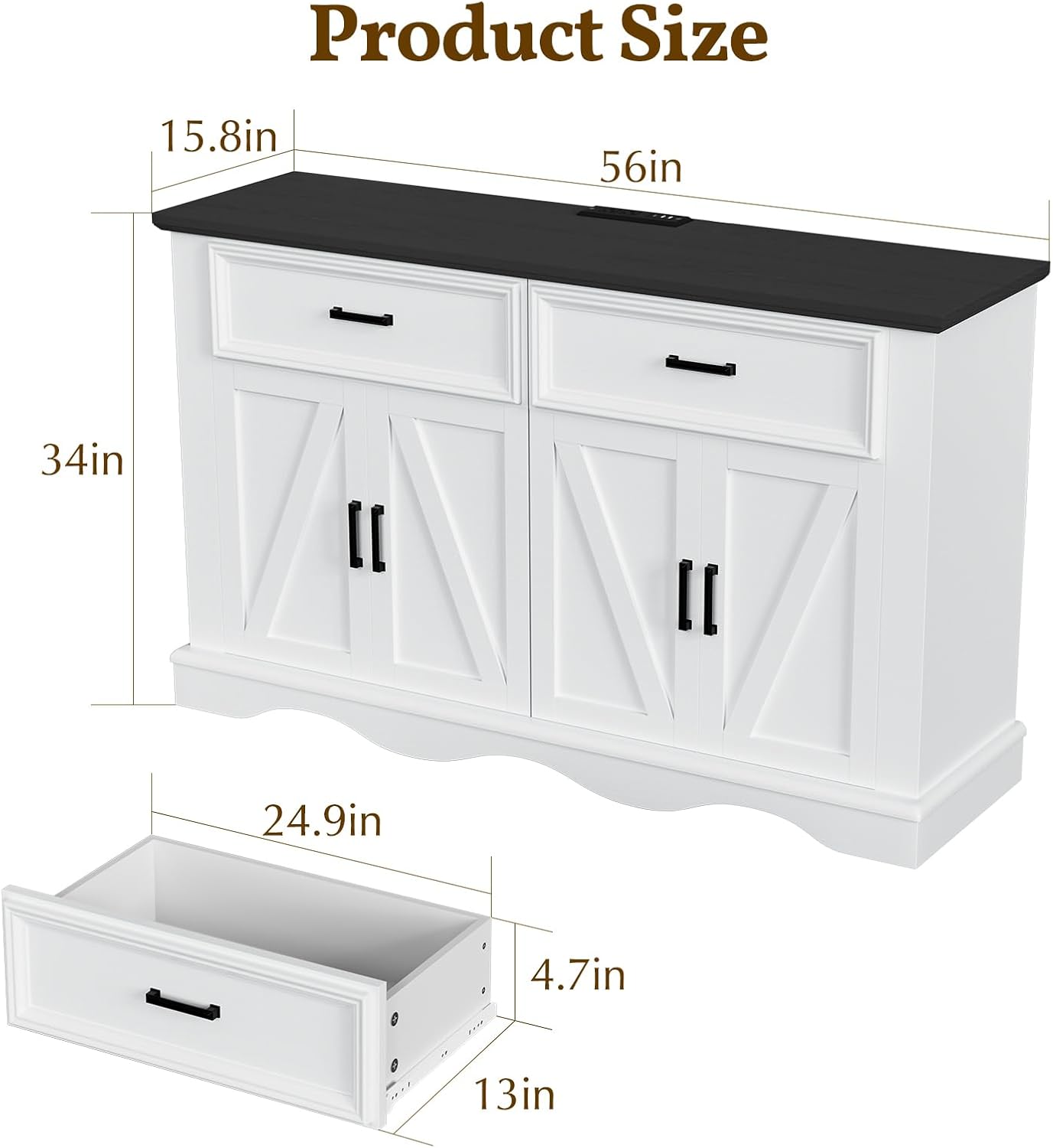 56" Modern Farmhouse Sideboard Buffet Cabinet with 4 Doors and 2 Drawers, Kitchen Storage Cabinet with Adjustable Shelves, Coffee Bar with Charging Station for Living Room, White