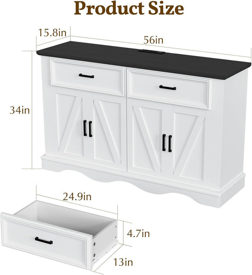 56" Modern Farmhouse Sideboard Buffet Cabinet with 4 Doors and 2 Drawers, Kitchen Storage Cabinet with Adjustable Shelves, Coffee Bar with Charging Station for Living Room, White