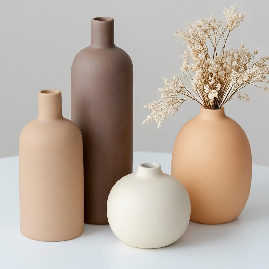 Modern Ceramic Vase Set, Neutral Colors, Decorative Vases for Home Decor, 4 Piece Collection (Green Mix Set 4)