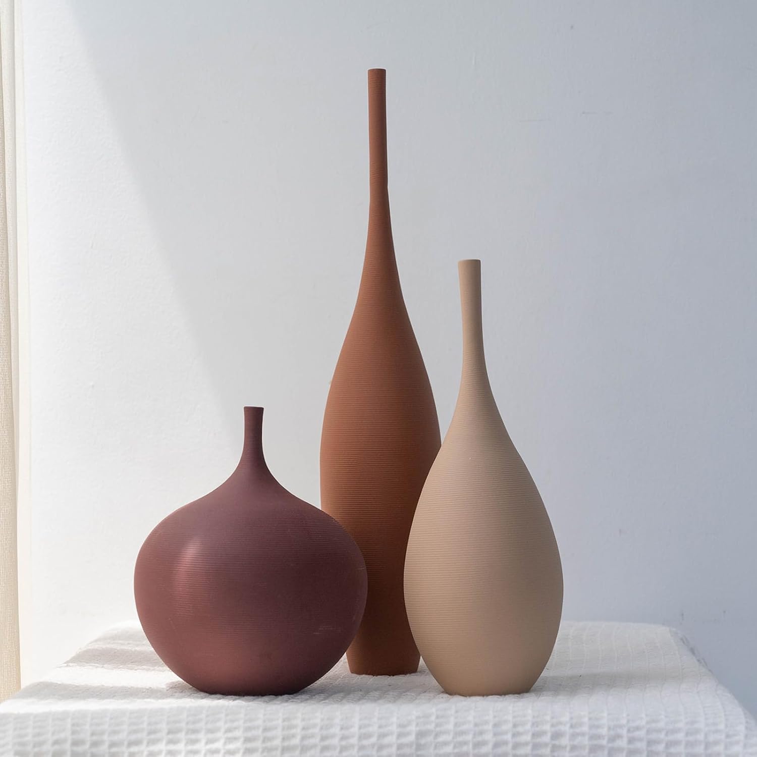 Relexome Ceramic Modern Vase Set of 3 Farmhouse Decorative Vase Minimalist Aesthetic Vases for Centerpieces Matte Ribbed Vases for Home Decor Table Entryway Living Room (Brown+Khaki+ Dark Red)