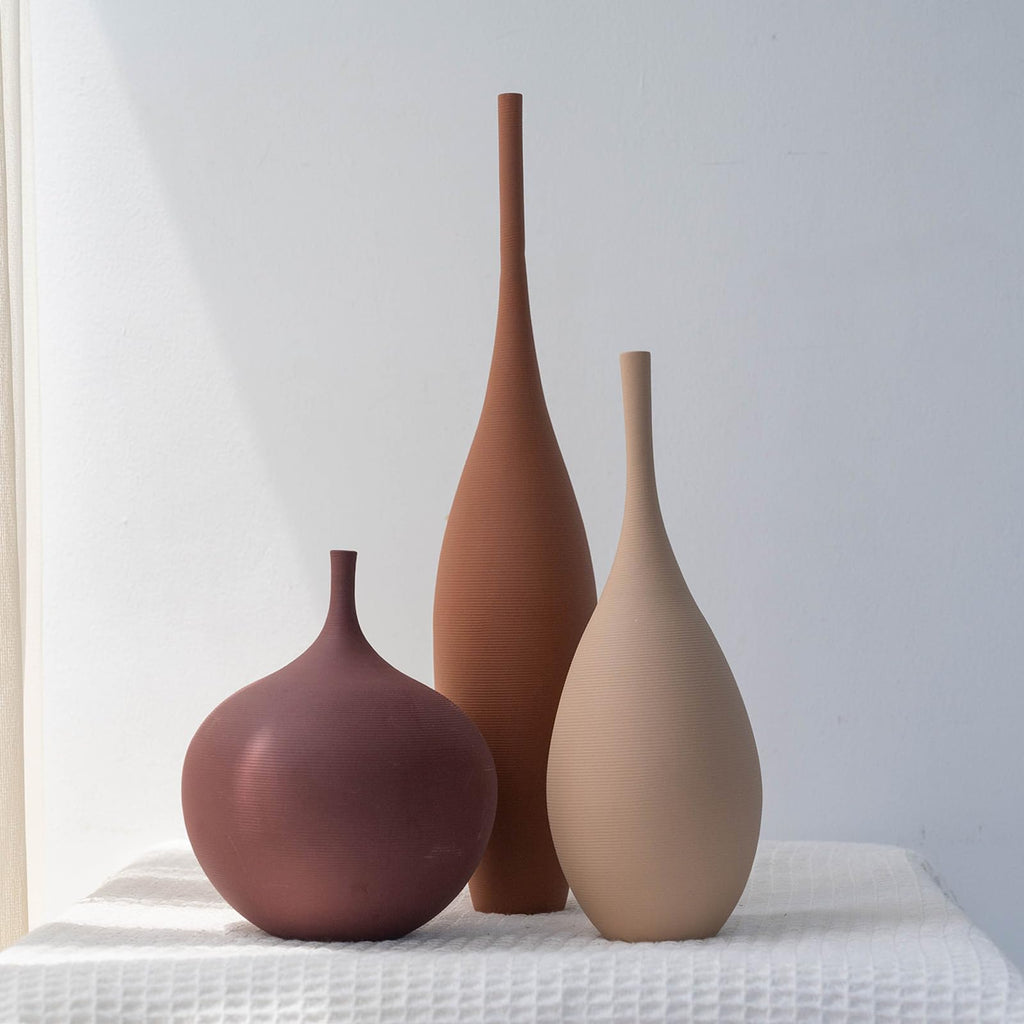 Relexome Ceramic Modern Vase Set of 3 Farmhouse Decorative Vase Minimalist Aesthetic Vases for Centerpieces Matte Ribbed Vases for Home Decor Table Entryway Living Room (Brown+Khaki+ Dark Red)