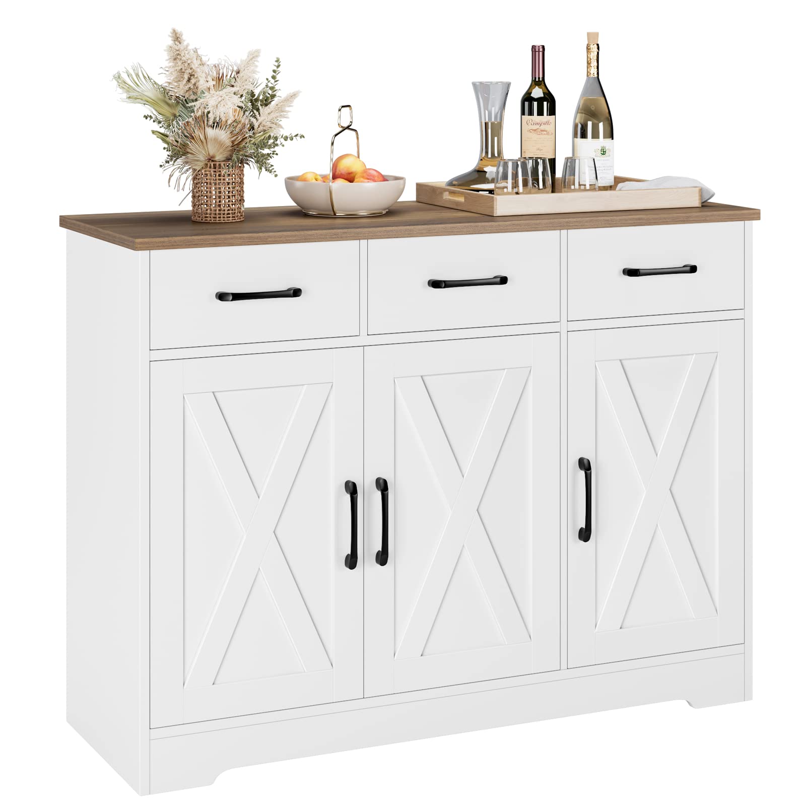 HOSTACK Modern Farmhouse Sideboard Buffet Cabinet, Barn Doors Buffet Storage Cabinet with Drawers and Shelves, Wood Coffee Bar with Storage for Kitchen, Dining Room, Living Room, White