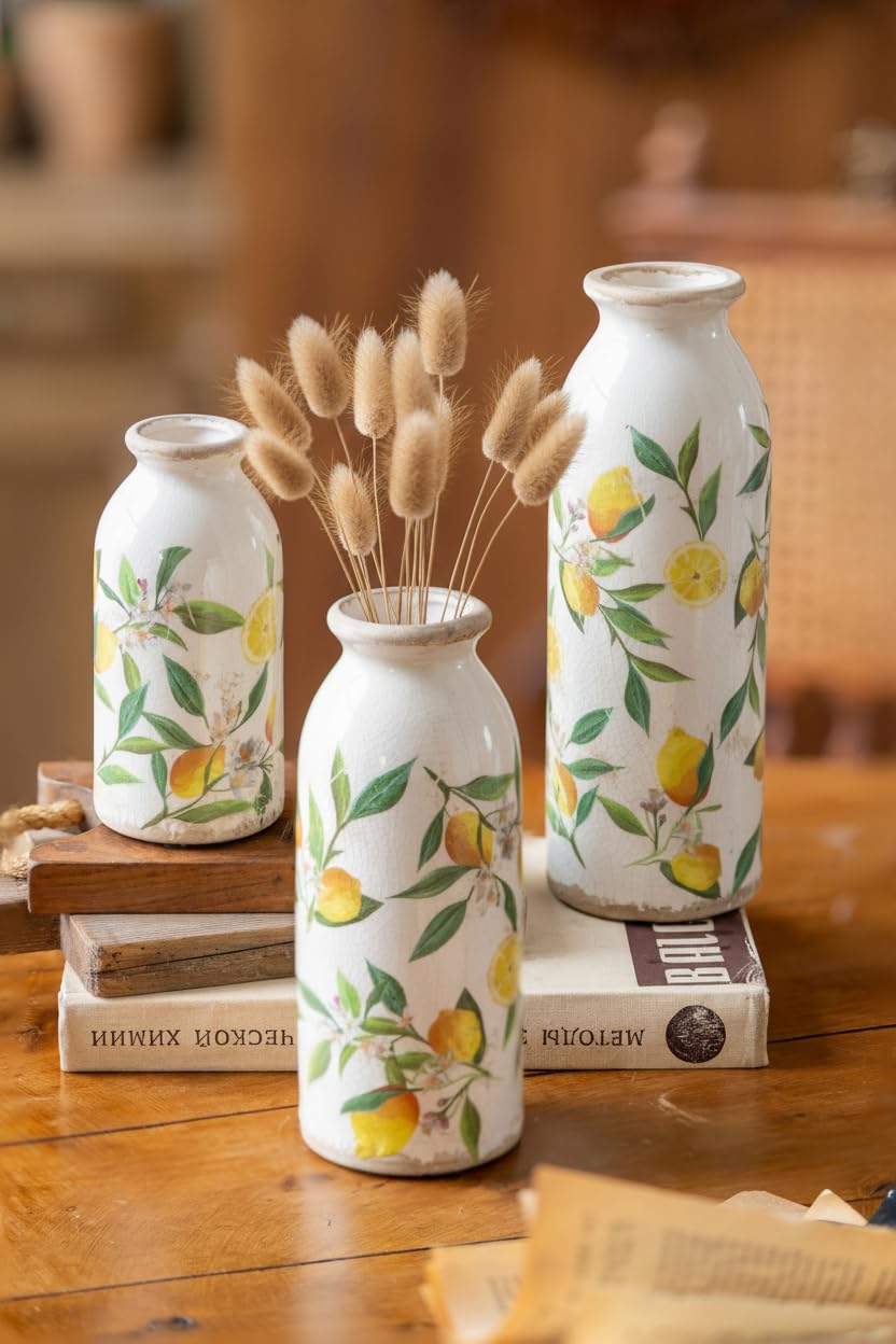 Vintage Vase Set of 3, Ceramic Vintage Flower Vases, Chinoiserie Decorative Home Decor Retro Floral Vase Rustic Farmhouse Decor for Table Bookshelf Mantel Kitchen Living Room Office - Colorful Daisy