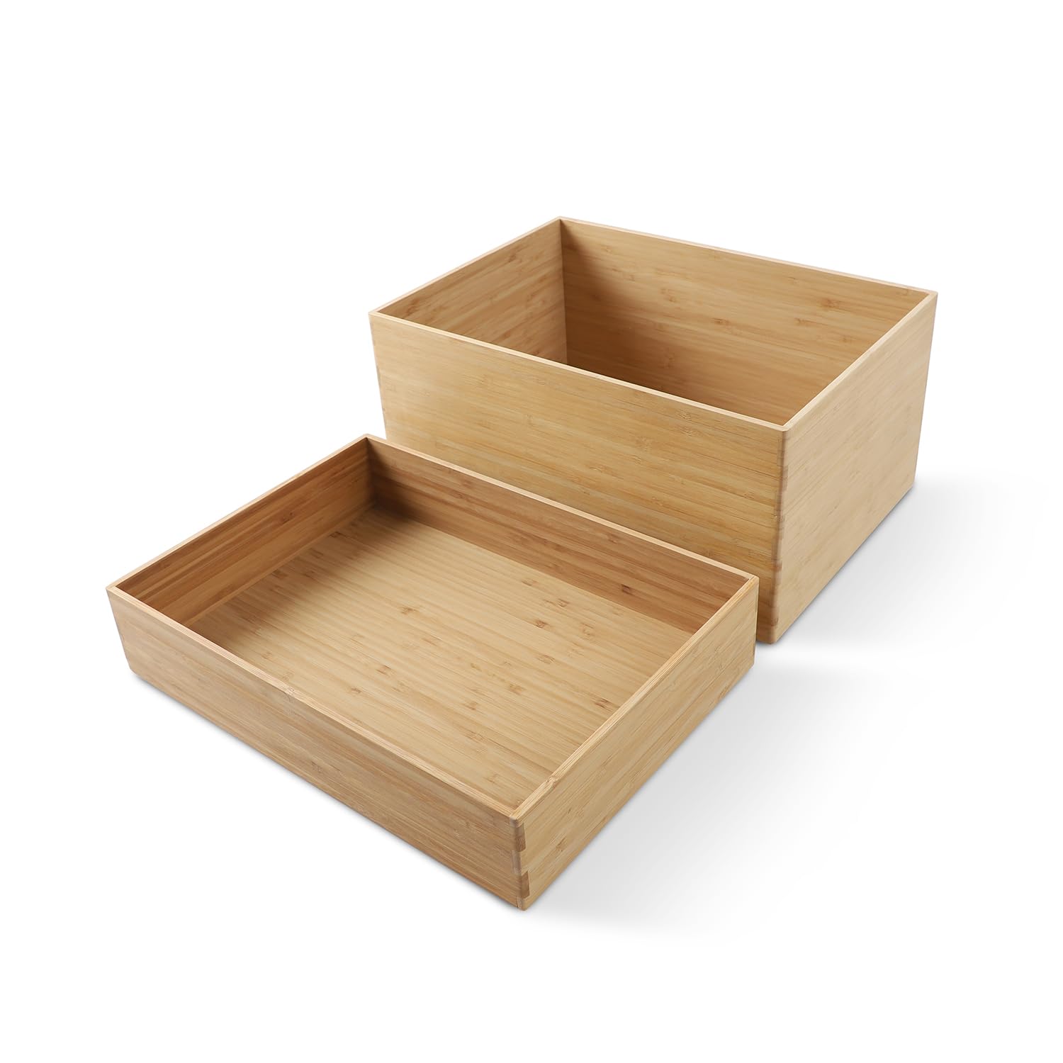 BAMOTTO CRAFTBAMBOO 3-Piece Large Bamboo Storage Box Set - 7.1in High Stackable Deep-Drawer Organizer, Lidless Bamboo Bin for Kitchen Cutlery Utensils Knives (14.6"x10.2"x7.1"*1 + 10.2"x7.3"x3"*2)