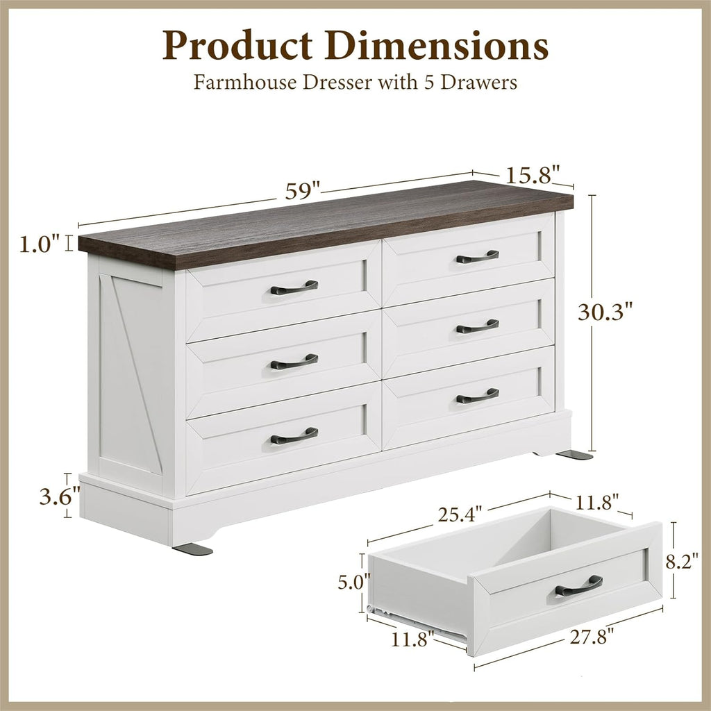 AODK Farmhouse 6 Drawer Dresser for Bedroom, White 59" Wide Engineered Wooden Chest of Drawers with Thick Board, Metal Handles, Modern Storage Cabinet for Living Room, Entryway, Walnut Top