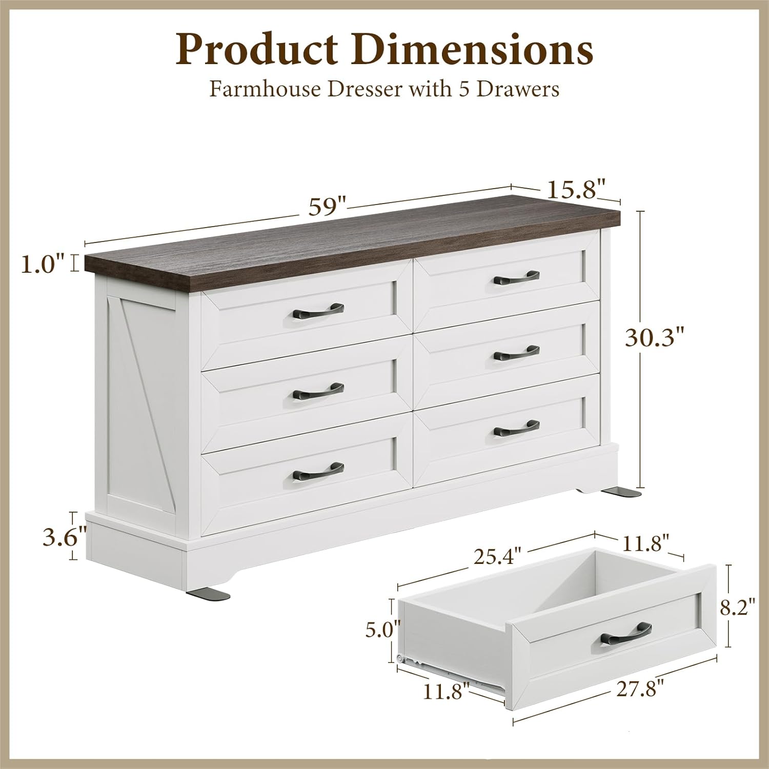 AODK Farmhouse 6 Drawer Dresser for Bedroom, White 59" Wide Engineered Wooden Chest of Drawers with Thick Board, Metal Handles, Modern Storage Cabinet for Living Room, Entryway, Walnut Top