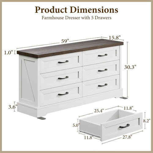 AODK Farmhouse 6 Drawer Dresser for Bedroom, White 59" Wide Engineered Wooden Chest of Drawers with Thick Board, Metal Handles, Modern Storage Cabinet for Living Room, Entryway, Walnut Top
