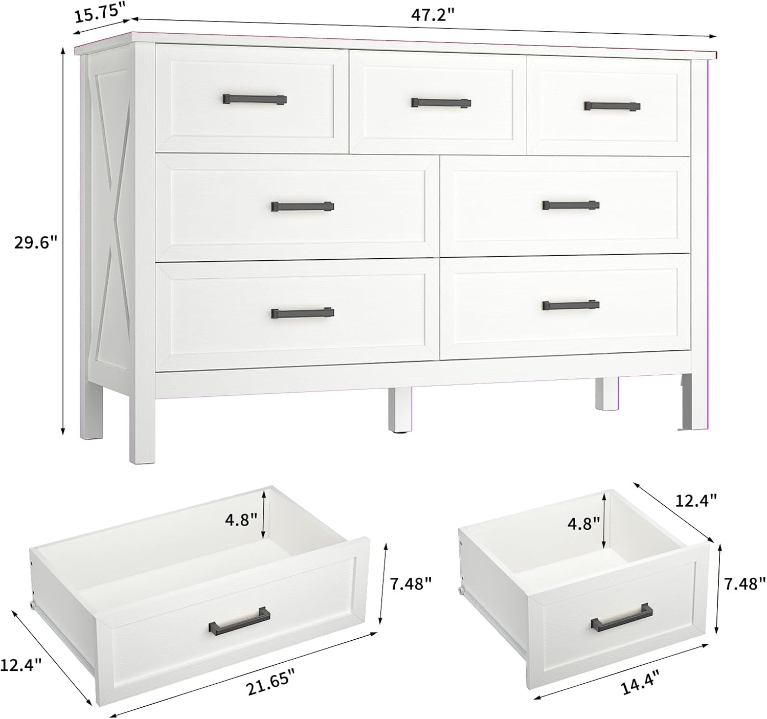 White 7 Drawers Dresser for Bedroom, Farmhouse Wood Rustic Wide Chest with Metal Handles, Storage Dressers Organizer for Bedroom, Hallway, Entryway