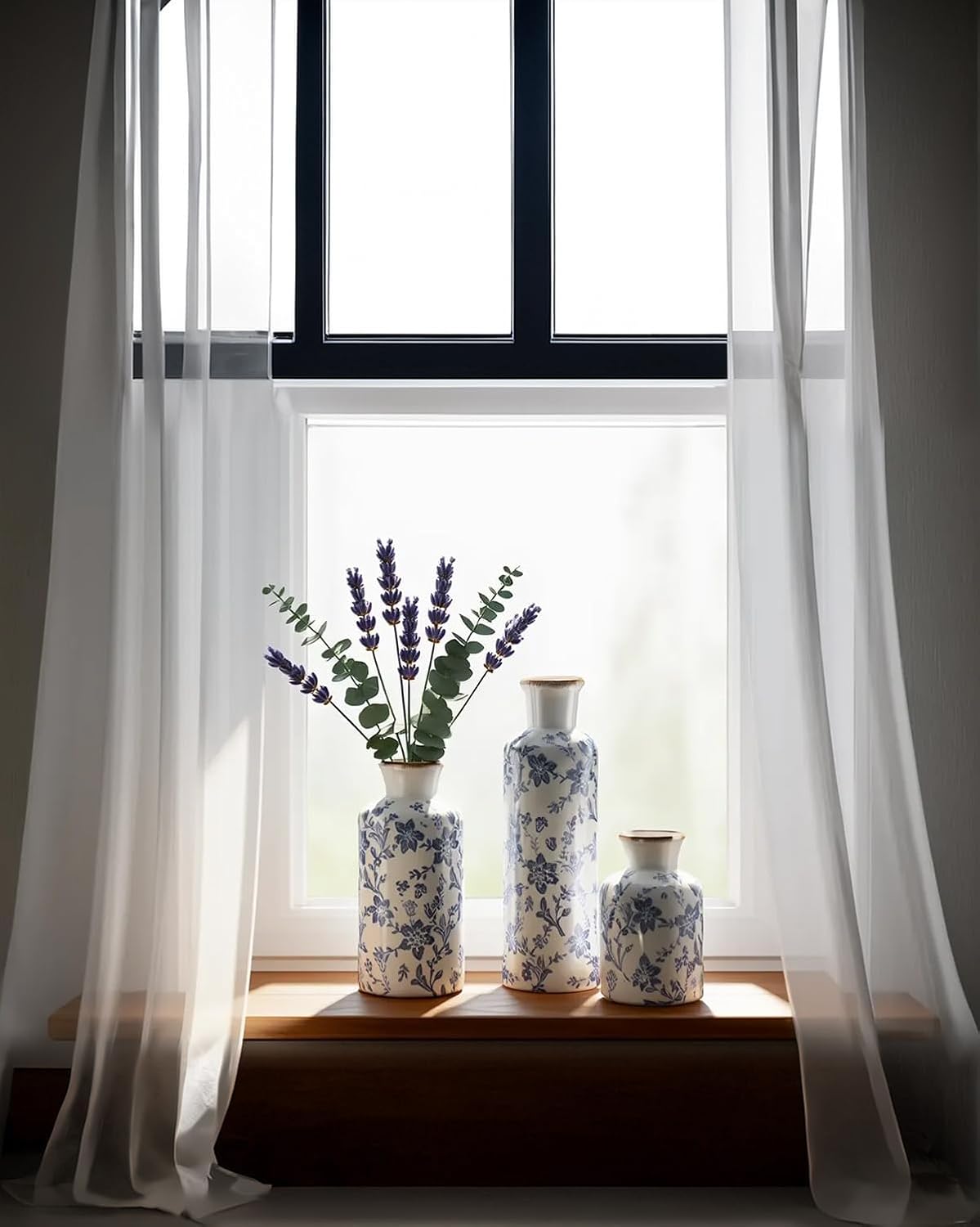Ceramic Vase Set of 3, Vintage Ceramic Flower Vases, Crackle-Glaze & Distressed Rim, Blue Botanical Pattern, for Home Decor, Living Room Mantel & Dining Table Centerpiece