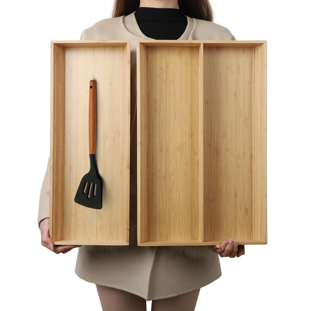 BAMOTTO CRAFTBAMBOO Stack Bamboo Drawer Organizer Set of 5, Kitchen Utensil, Flatware&Silverware Organizer-Wood Laminated Stackable for Kitchen, Bedroom, 13.4''x4.5''*2+10.2''x3.3''*2+10.2''x6.7''*1