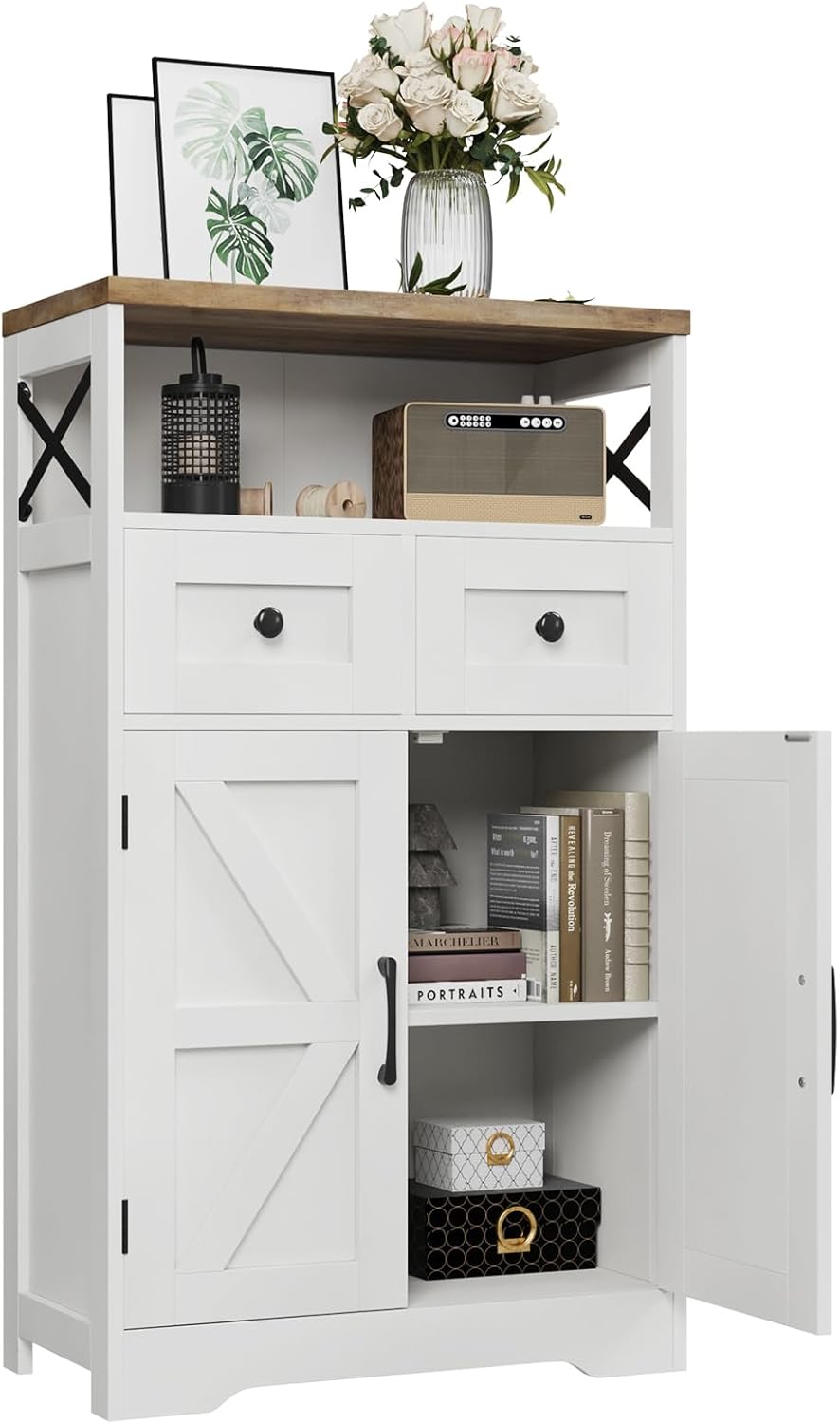 Befrases Farmhouse White Storage Cabinet with Doors and Drawers, Freestanding Kitchen Pantry Cabinet, Floor Storage Cabinet Hutch Cupboard for Kitchen, Living Dining Room, Bathroom