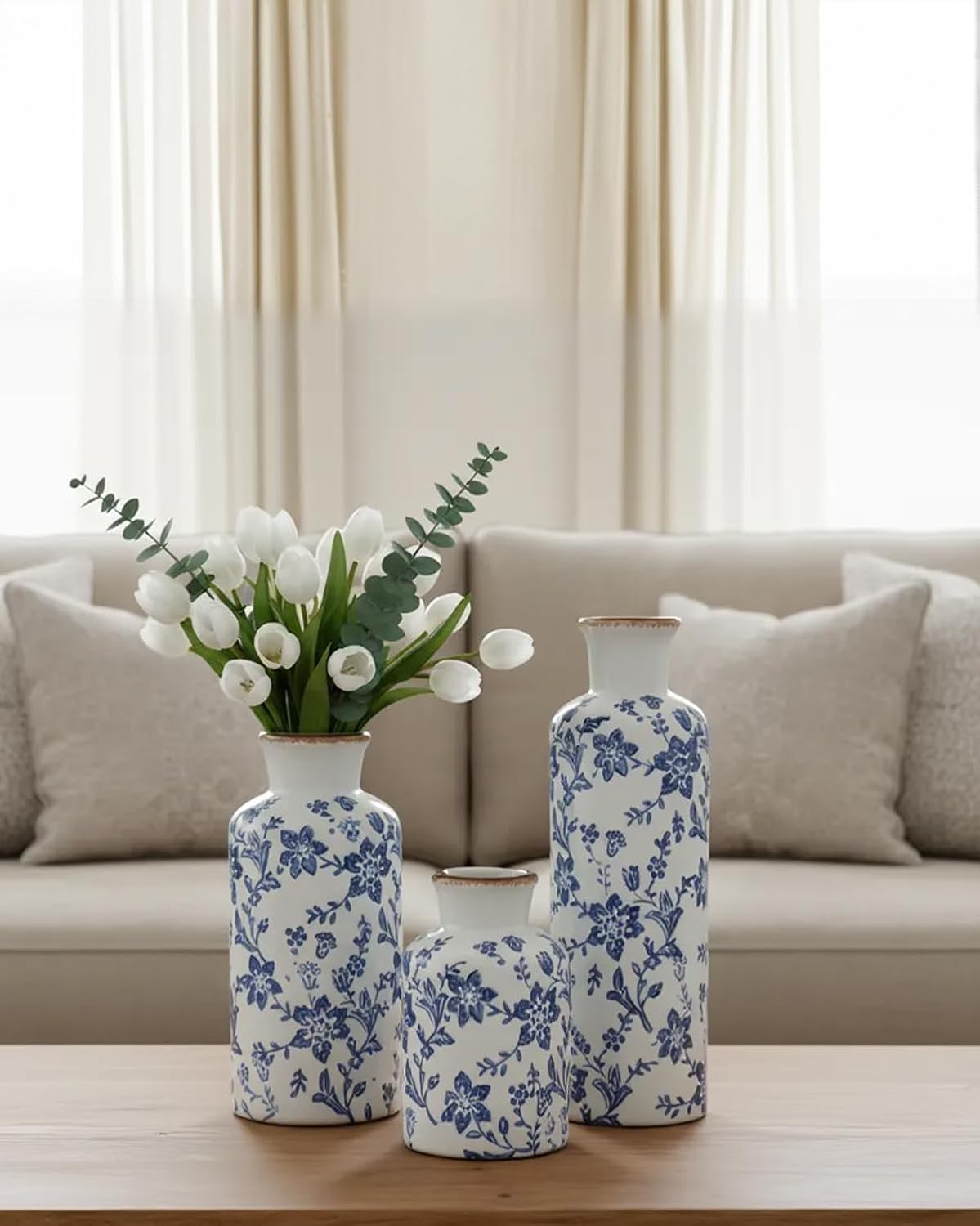Ceramic Vase Set of 3, Vintage Ceramic Flower Vases, Crackle-Glaze & Distressed Rim, Blue Botanical Pattern, for Home Decor, Living Room Mantel & Dining Table Centerpiece