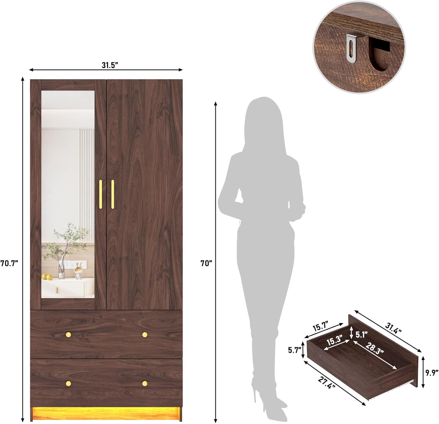jiteentarou 2 Door Wardrobe Closet with Mirrors and LED Lights, Small Bedroom Armoire with Drawers, Modern Wooden Armoire Wardrobe Closet with Hanging Rod for Bedroom, Brown