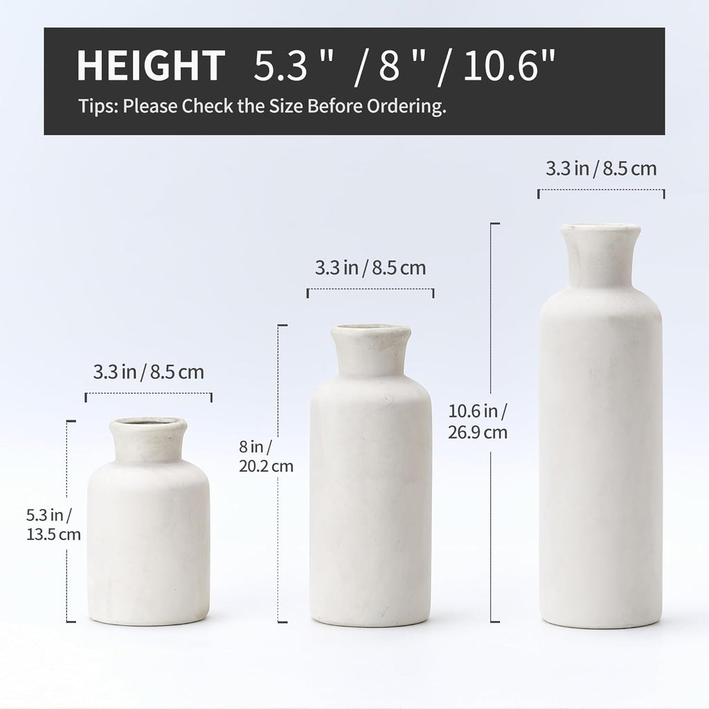 LUKA Ceramic Vase Set of 3,Decorative Terracotta Vases for Home Decor,Rustic Pottery Vase for Your Bedroom,Office,Living Room,Fireplace,Bookshelf （10+7.5+5 Inch） (Antique-White)