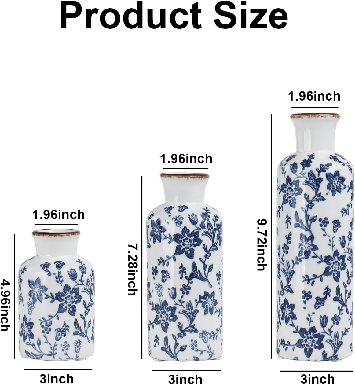 Ceramic Vase Set of 3, Vintage Ceramic Flower Vases, Crackle-Glaze & Distressed Rim, Blue Botanical Pattern, for Home Decor, Living Room Mantel & Dining Table Centerpiece