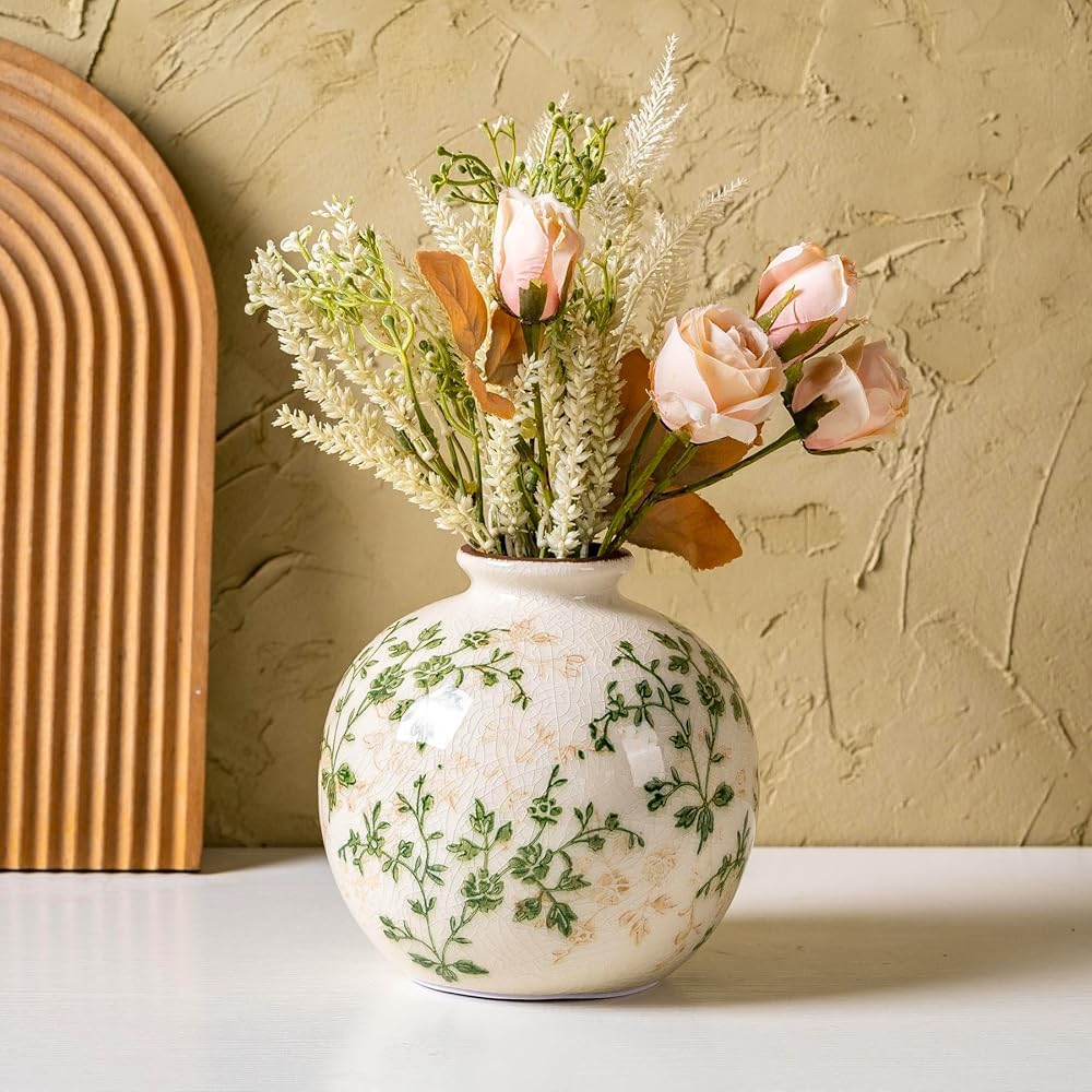 Ceramic Flower Vases Set of 3 | Green Rustic Farmhouse Vase Set for Home Decor, Vintage Floral Decorative Vase for Living Room & Kitchen, Mantel & Bookshelf, Centerpieces, Entryway(5.7+5.9+7.1Inch)