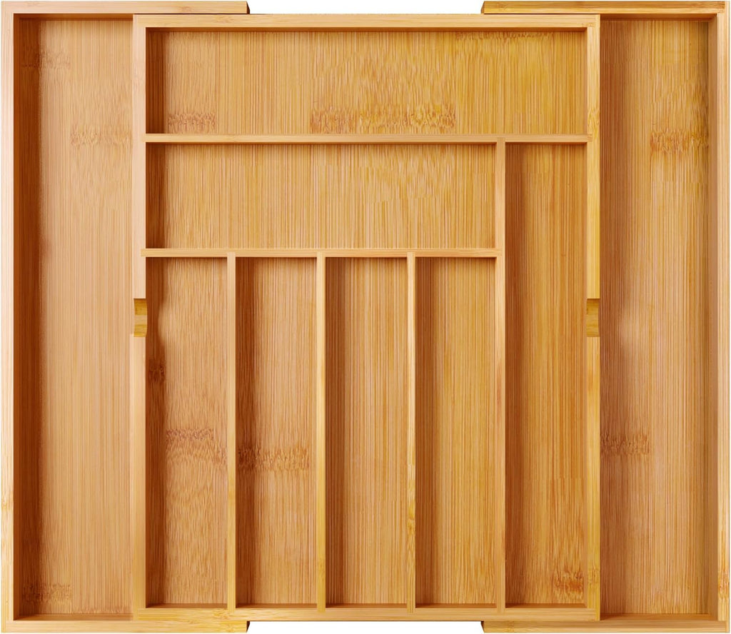 BAMEOS 3.9inch Tall Bamboo Drawer Organizer, Expandable Utensil Holder with 8 Compartments, Adjustable Kitchen Drawer Divider for Flatware, Silverware and Gadgets, Deep Storage for Home and Office
