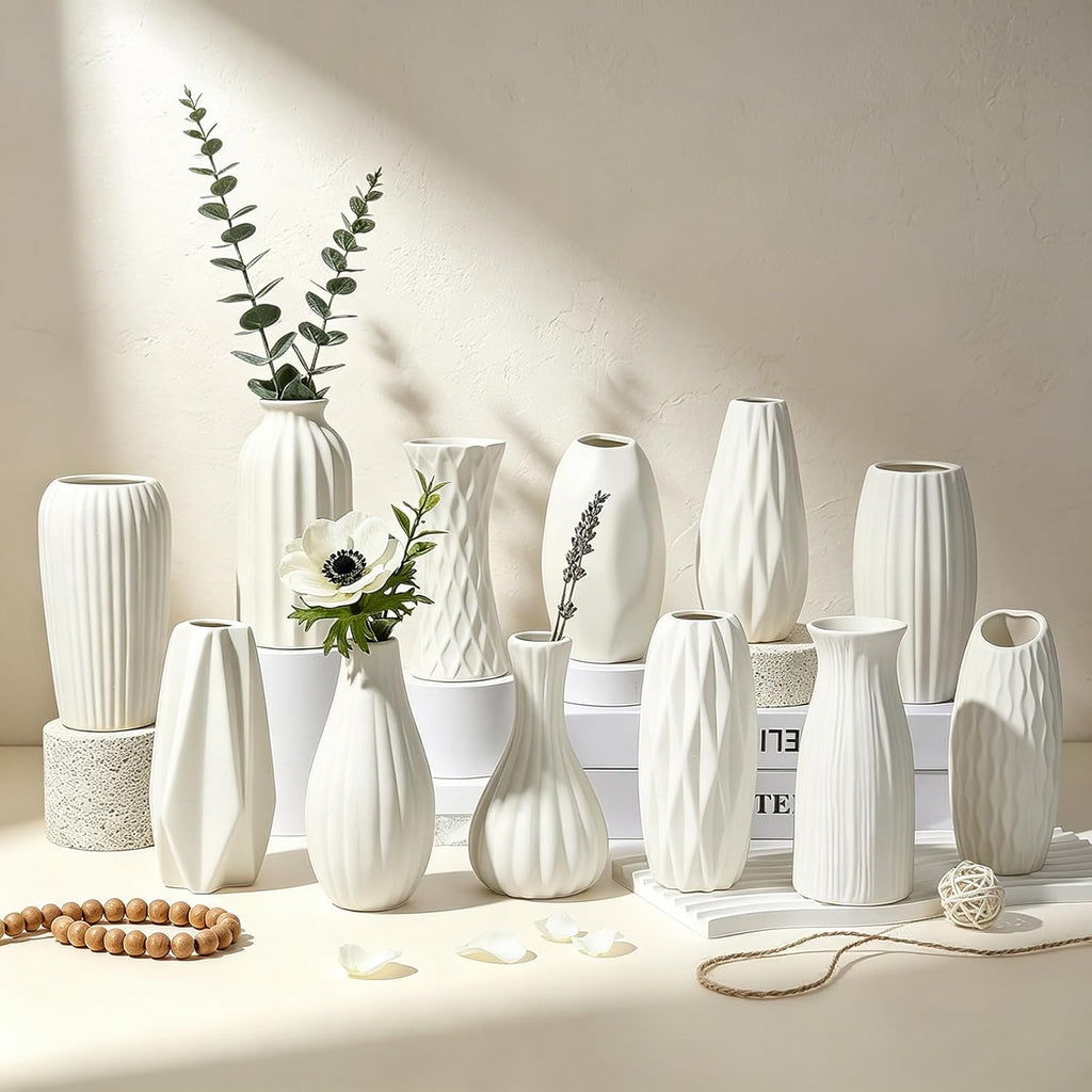 BEAHOT Ceramic Bud Vases Set of 12 - Matte Mini White Jars Bulk | Small White Ceramic Vases for Centerpieces, Wedding Floral Arrangements, DIY Crafts & Boho Table Decor (No Repeating Designs)
