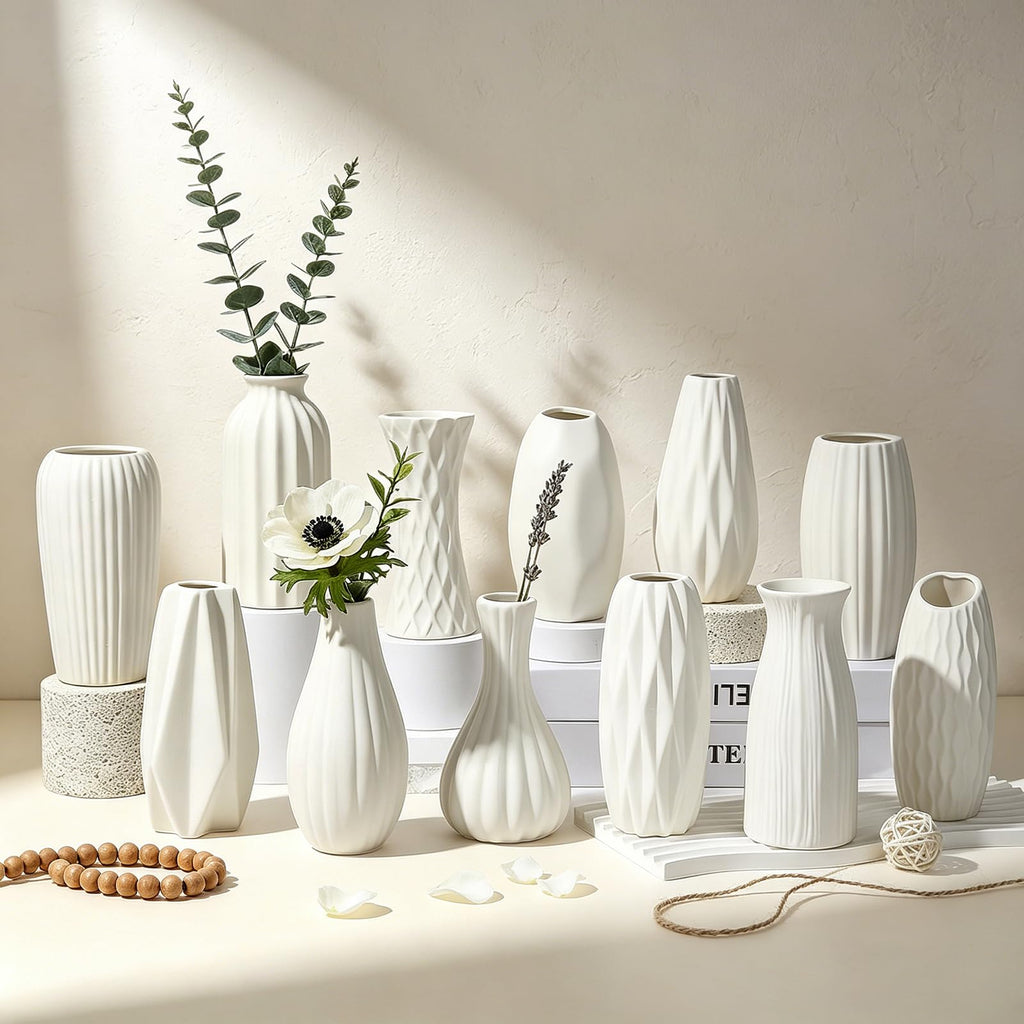 BEAHOT Ceramic Bud Vases Set of 12 - Matte Mini White Jars Bulk | Small White Ceramic Vases for Centerpieces, Wedding Floral Arrangements, DIY Crafts & Boho Table Decor (No Repeating Designs)