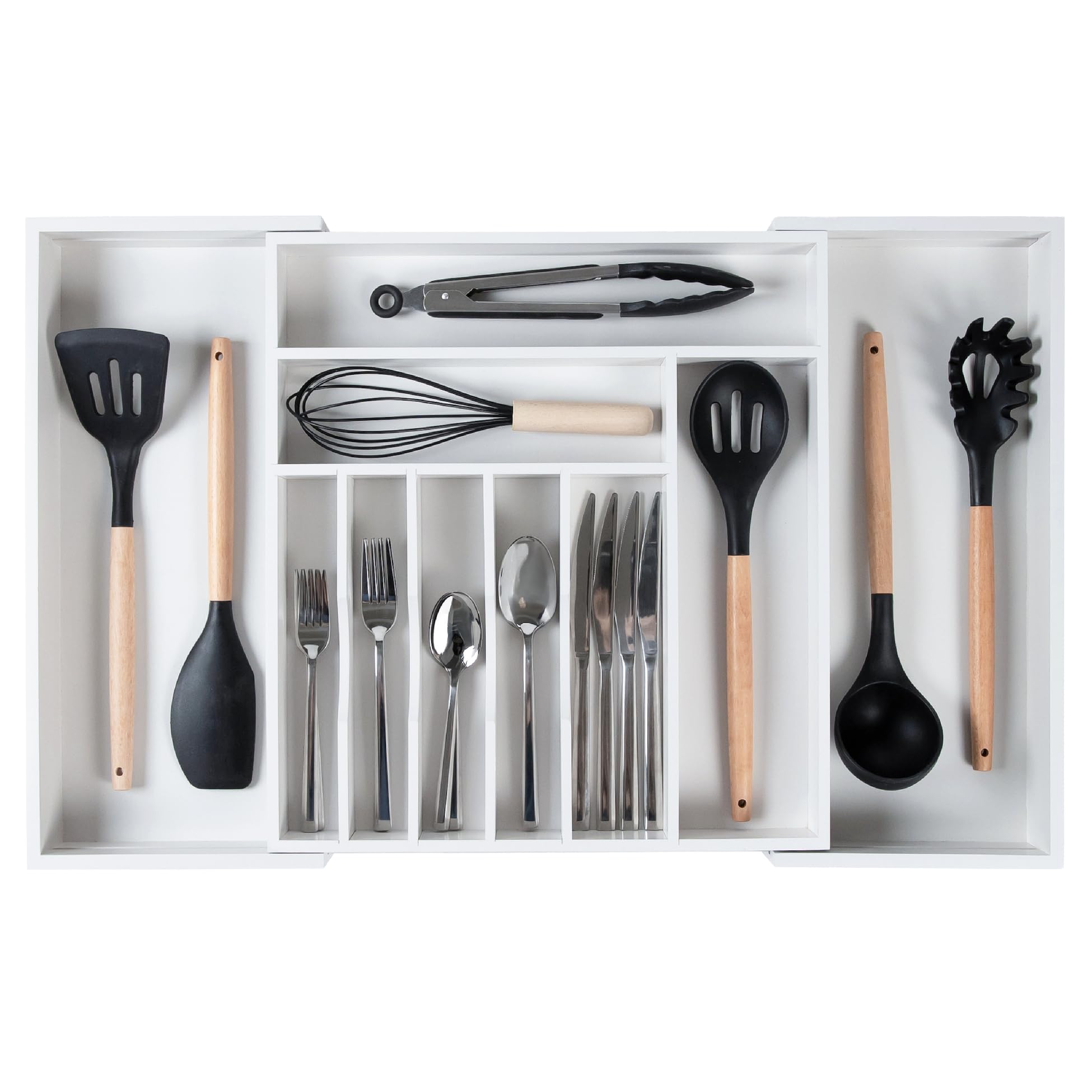 KitchenEdge Premium Silverware, Flatware and Utensil Organizer for Kitchen Drawers, Food-Safe Contract Grade, Expandable from 18 to 33 In, Natural Bamboo