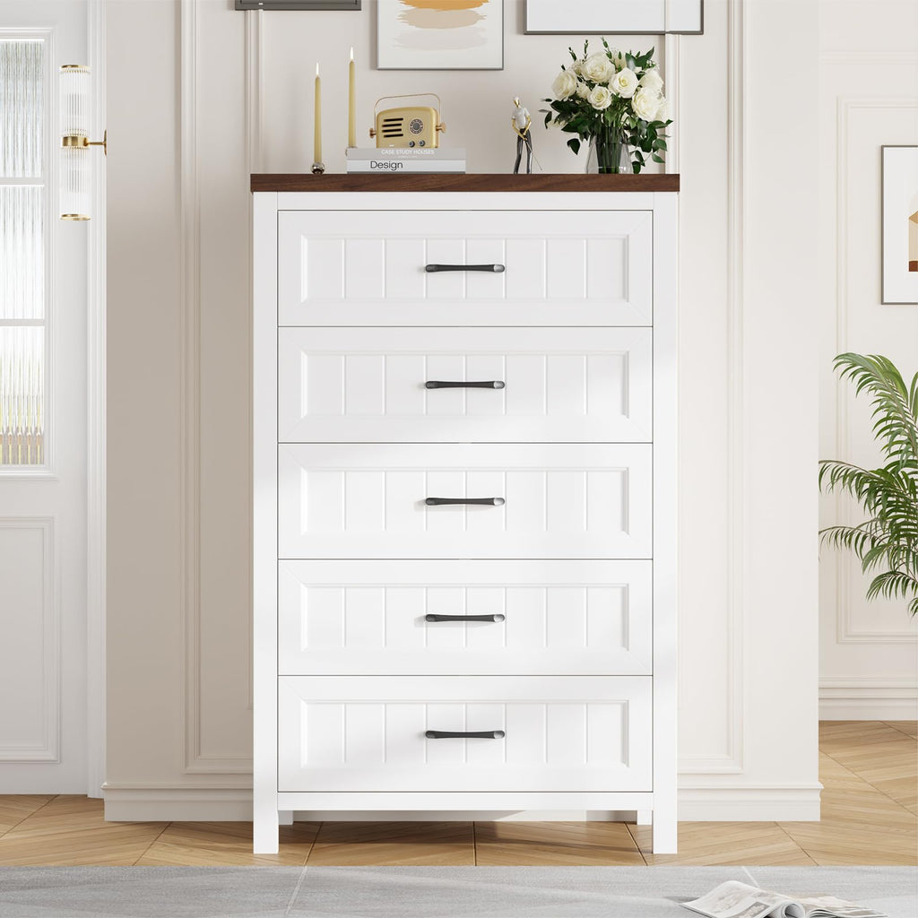 Jocoevol 5 Drawer Dresser for Bedroom - Farmhouse 44.9" Tall Chest of Dresser with Large Storage, Rubst Wood Construction for Living Room, Hallway & Entryway - White
