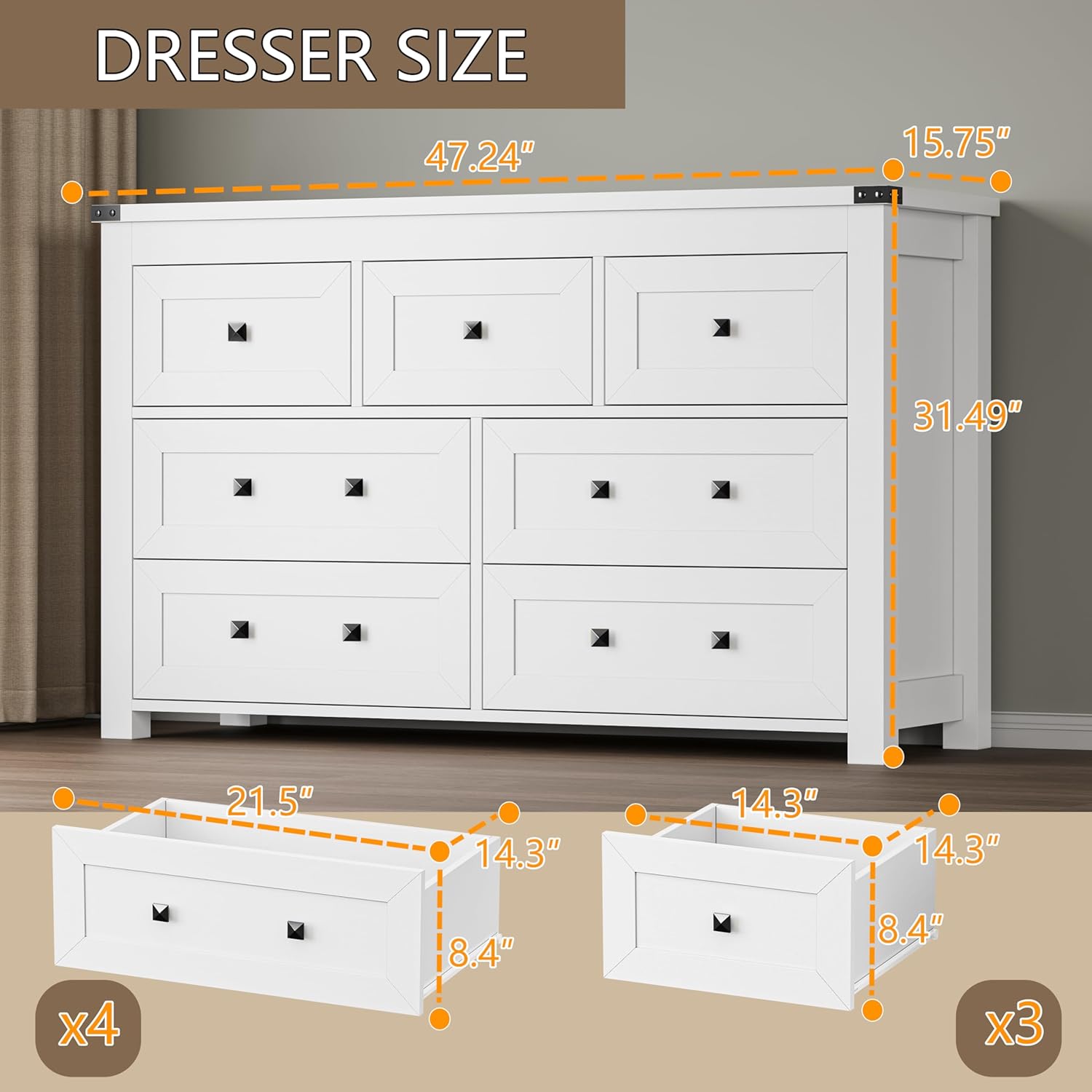 BORNOON 7-Drawer Dresser, Modern Wooden Storage Chest of Drawers, Dresser TV Stand, Wood Drawer Organizer with Metal Handles for Bedroom, Living Room, Hallway