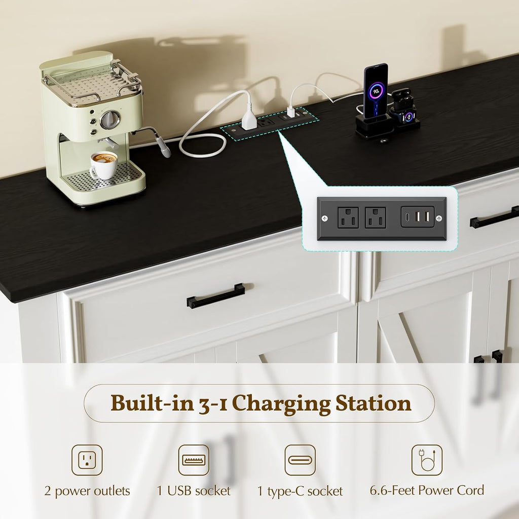 56" Modern Farmhouse Sideboard Buffet Cabinet with 4 Doors and 2 Drawers, Kitchen Storage Cabinet with Adjustable Shelves, Coffee Bar with Charging Station for Living Room, White