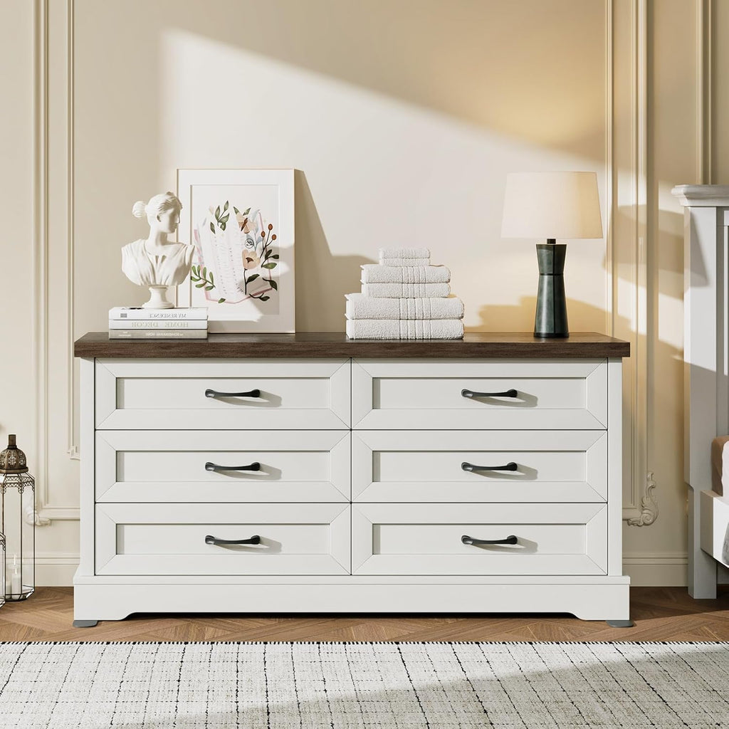 AODK Farmhouse 6 Drawer Dresser for Bedroom, White 59" Wide Engineered Wooden Chest of Drawers with Thick Board, Metal Handles, Modern Storage Cabinet for Living Room, Entryway, Walnut Top